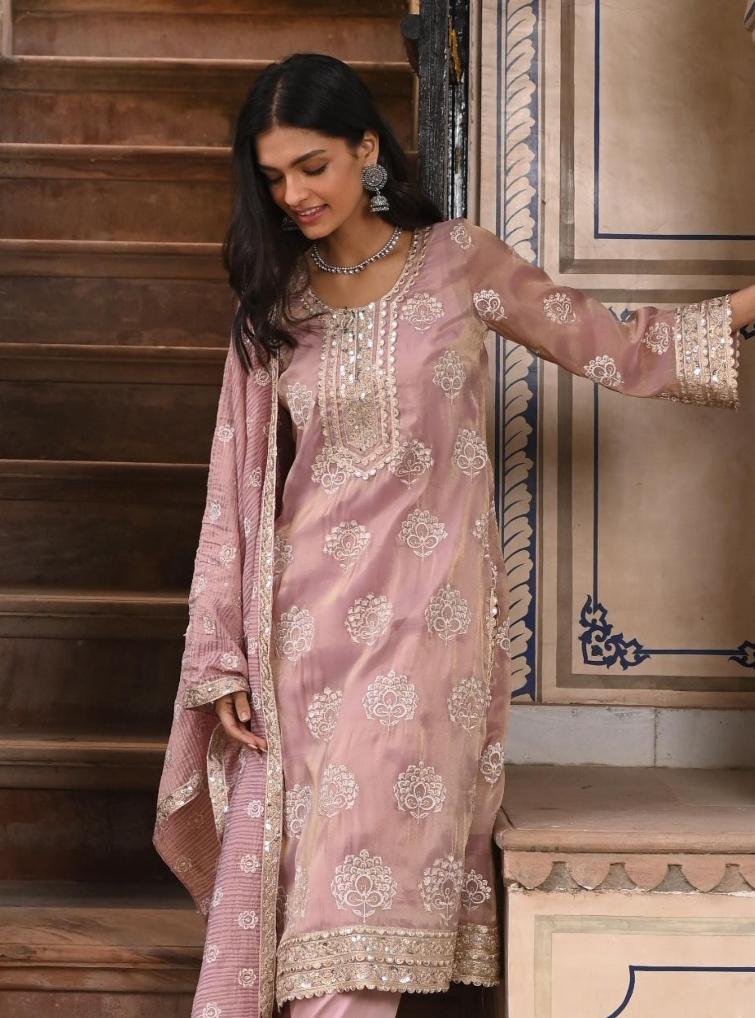 Mulmul Luxe Tissue Kasuri Lilac Kurta With Mulmul Pima Satin Kasuri Lilac Pant