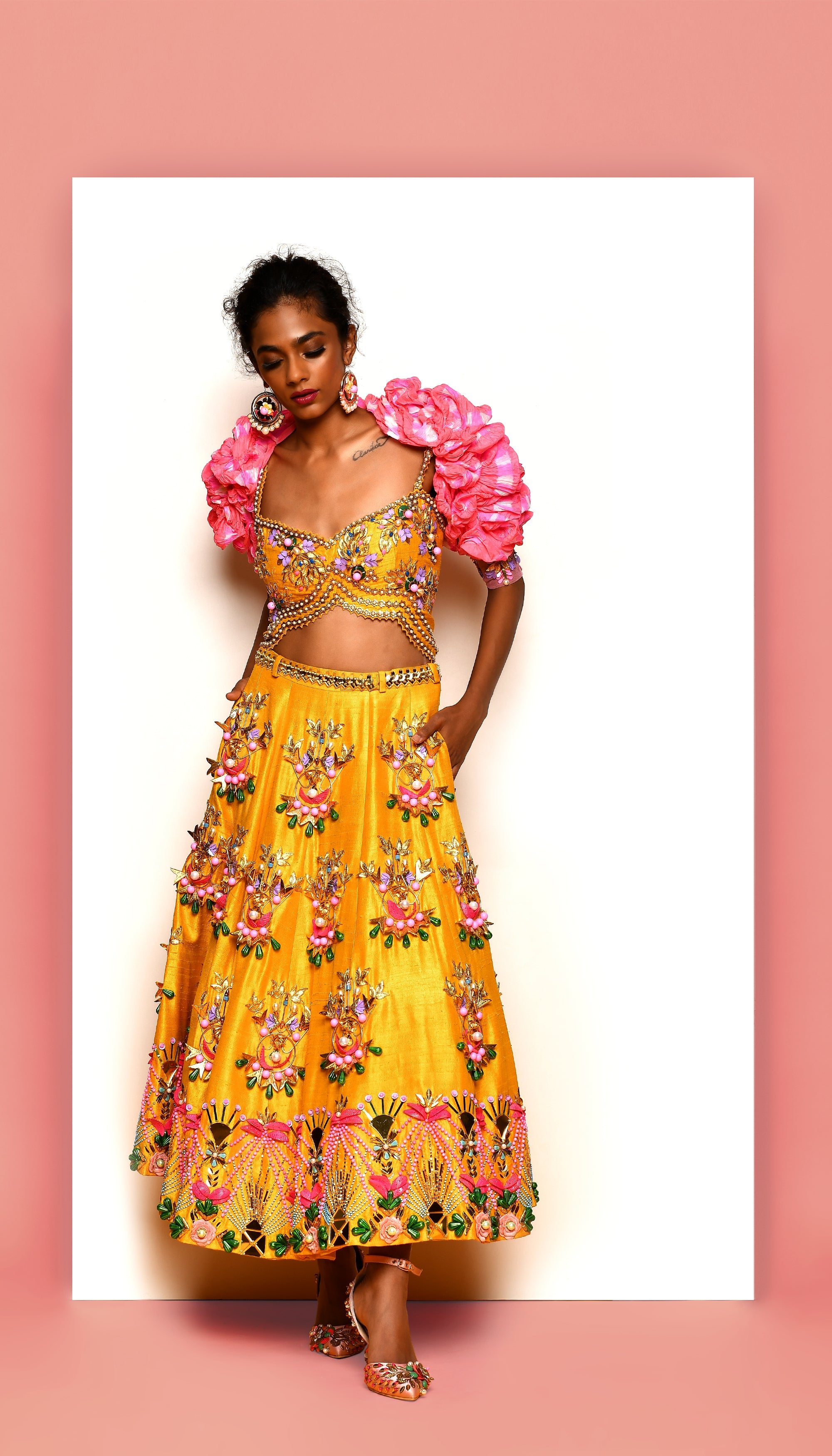 In The Clouds - Mustard Yellow And Pink Embellished Half Lehenga Set