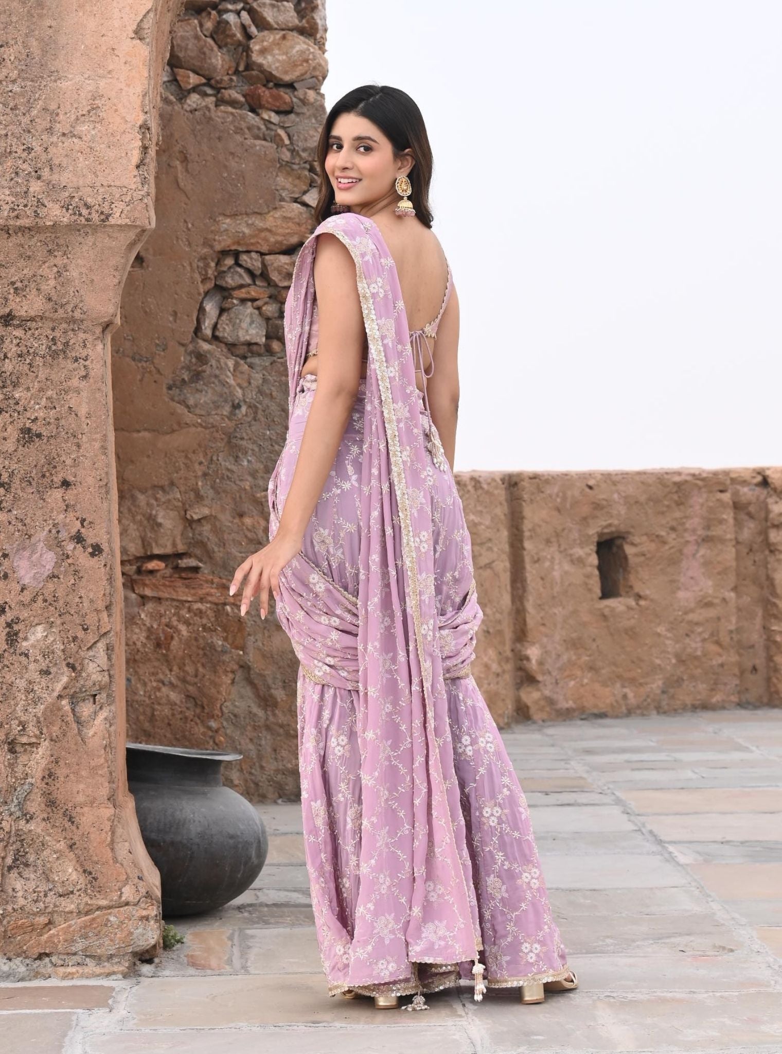 Mulmul Crepe Raahi Lilac Pre-Stitched Saree