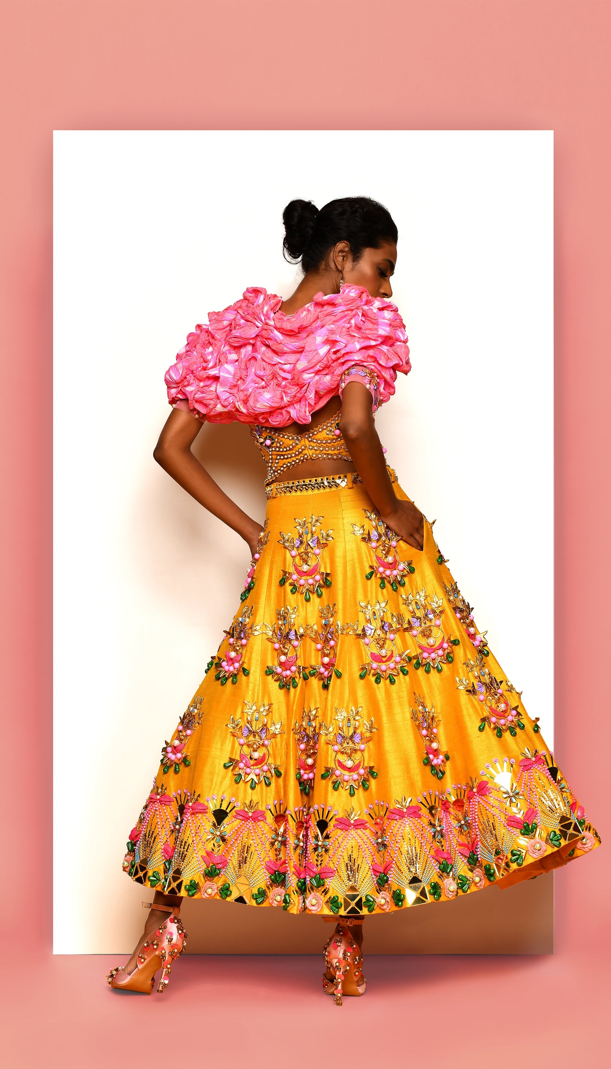 In The Clouds - Mustard Yellow And Pink Embellished Half Lehenga Set