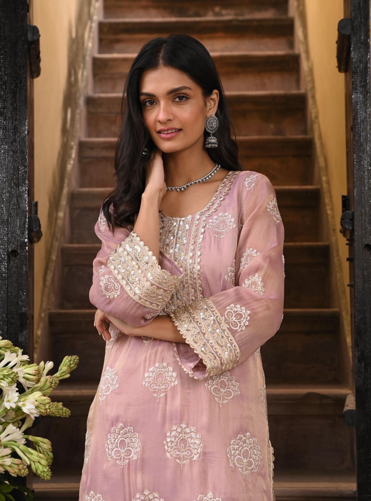 Mulmul Luxe Tissue Kasuri Lilac Kurta With Mulmul Pima Satin Kasuri Lilac Pant