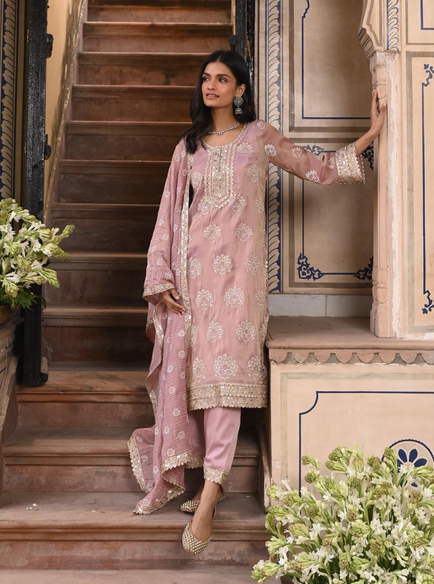 Mulmul Luxe Tissue Kasuri Lilac Kurta With Mulmul Pima Satin Kasuri Lilac Pant