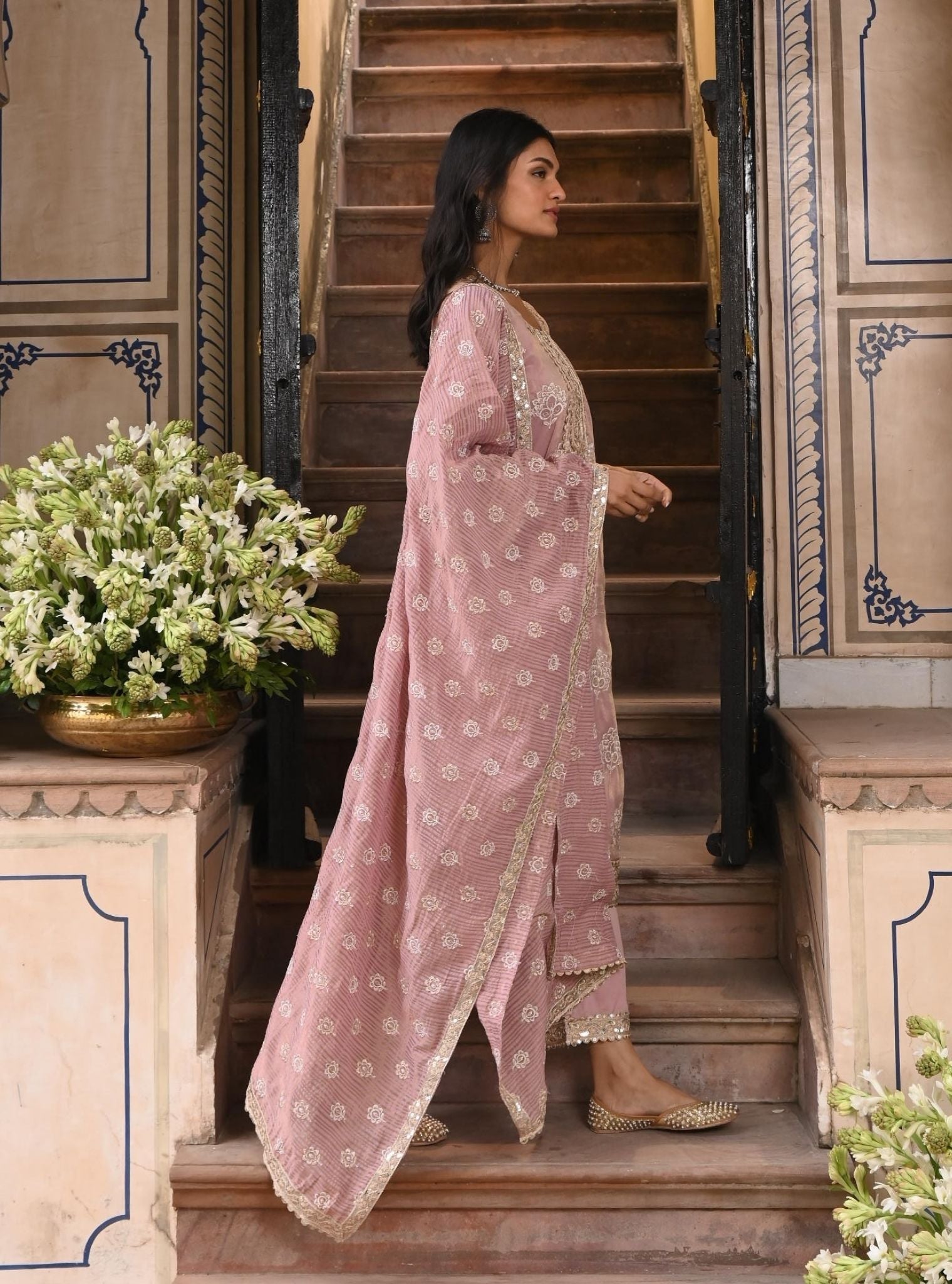 Mulmul Luxe Tissue Kasuri Lilac Kurta With Mulmul Pima Satin Kasuri Lilac Pant