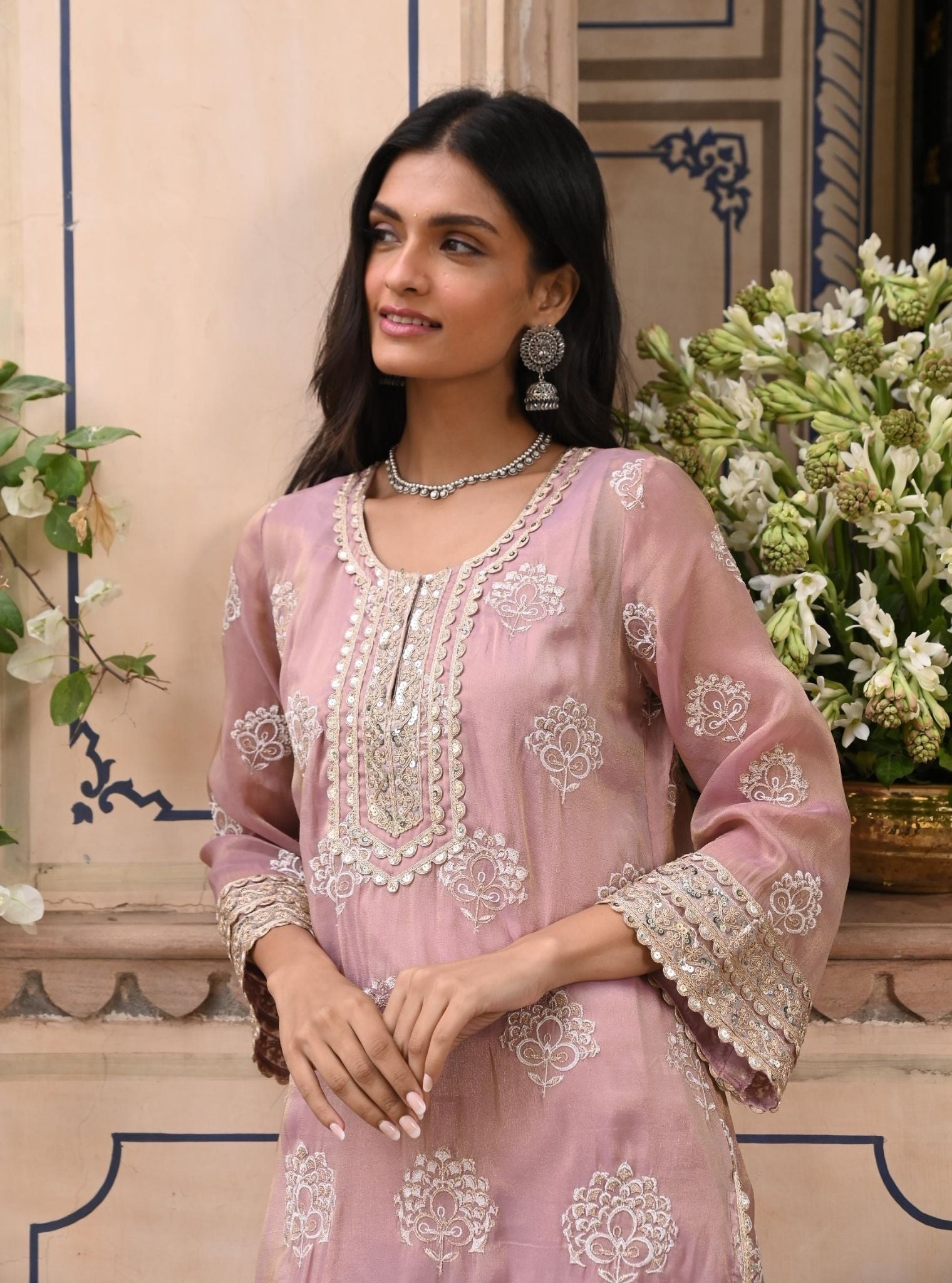Mulmul Luxe Tissue Kasuri Lilac Kurta With Mulmul Pima Satin Kasuri Lilac Pant