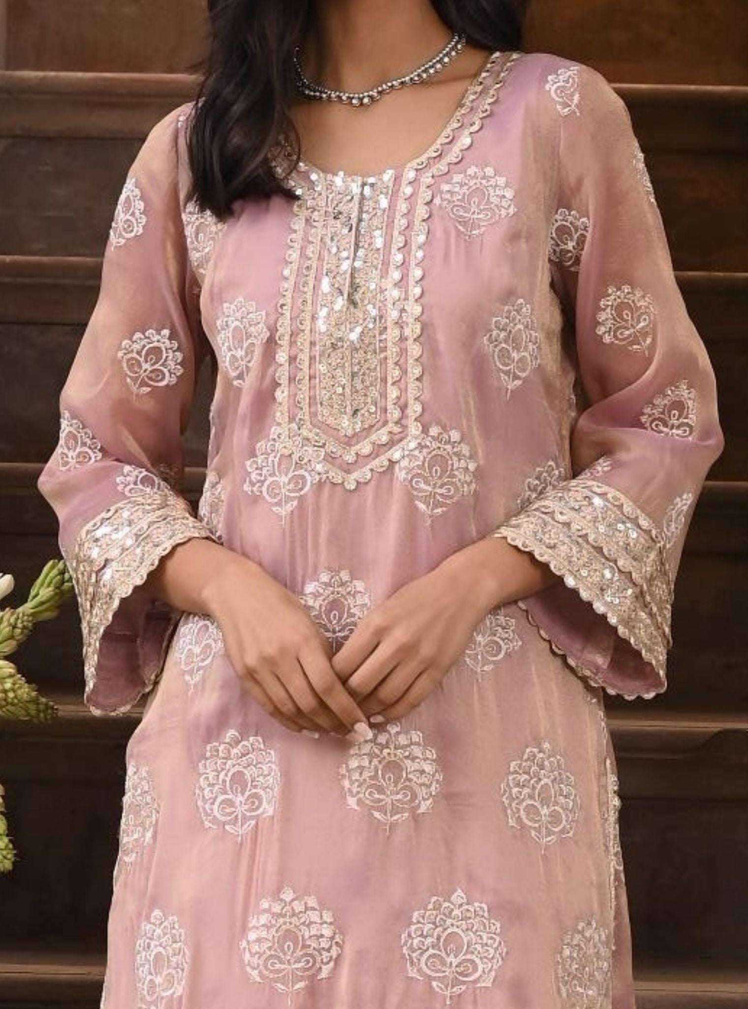 Mulmul Luxe Tissue Kasuri Lilac Kurta With Mulmul Pima Satin Kasuri Lilac Pant