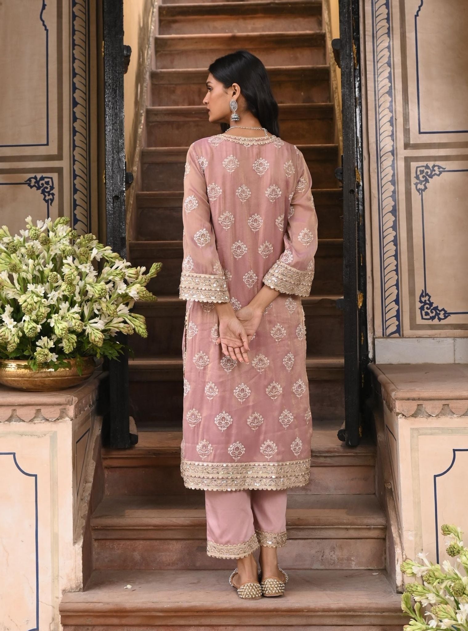 Mulmul Luxe Tissue Kasuri Lilac Kurta With Mulmul Pima Satin Kasuri Lilac Pant