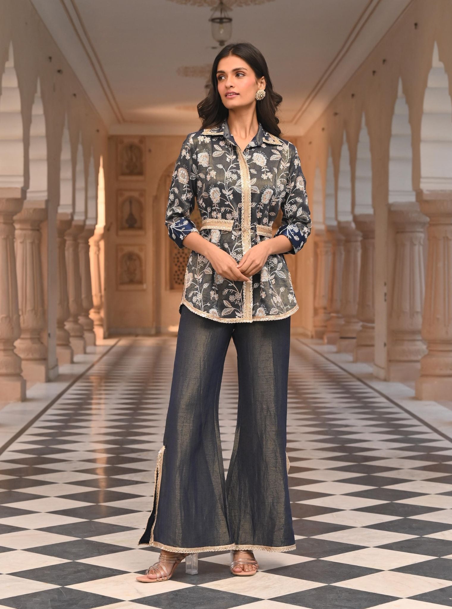 Mulmul Tissue Satin Savera Navy Shirt With Mulmul Luxe Tissue Satin Savera Navy Pant