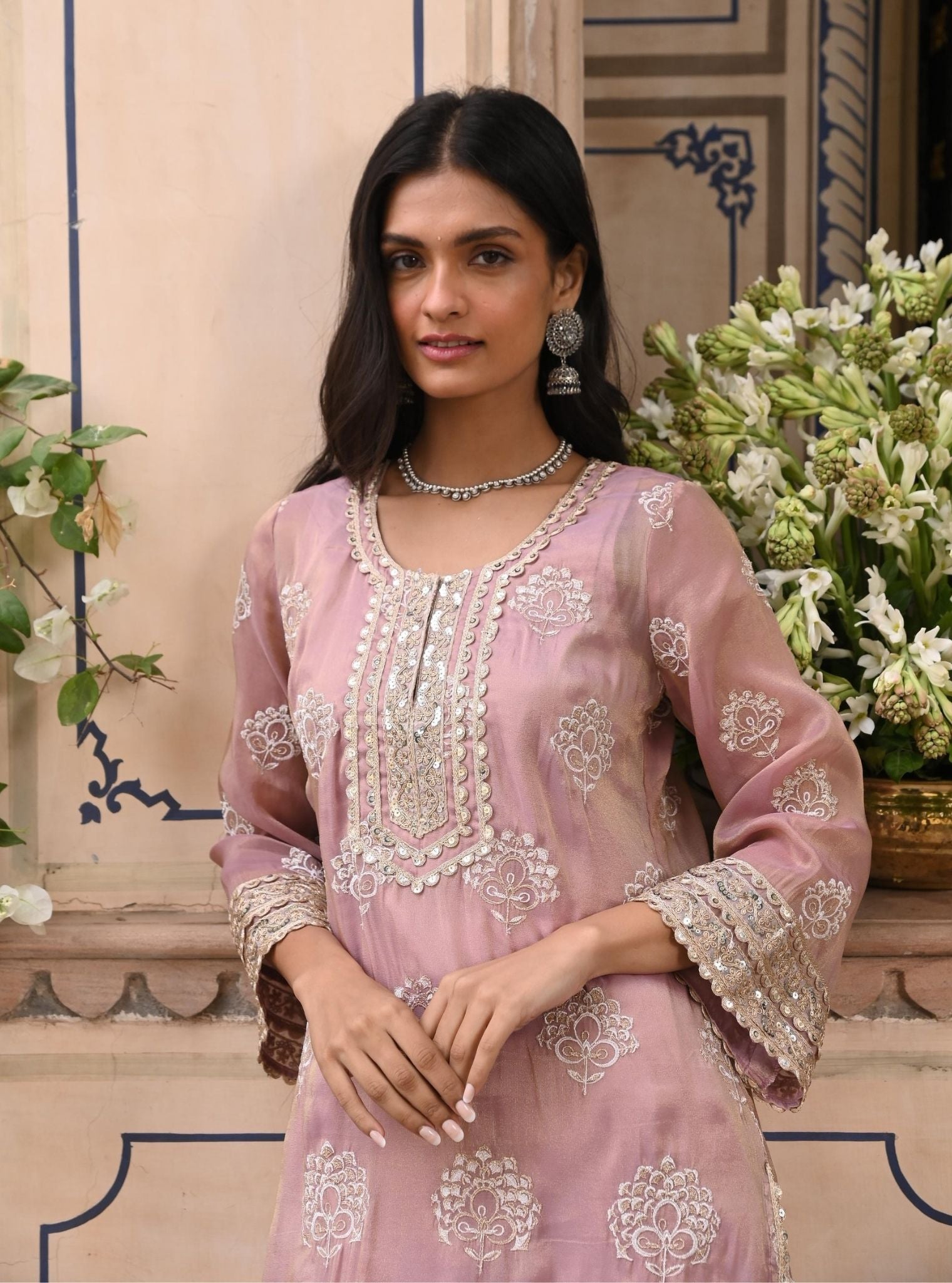 Mulmul Luxe Tissue Kasuri Lilac Kurta With Mulmul Pima Satin Kasuri Lilac Pant