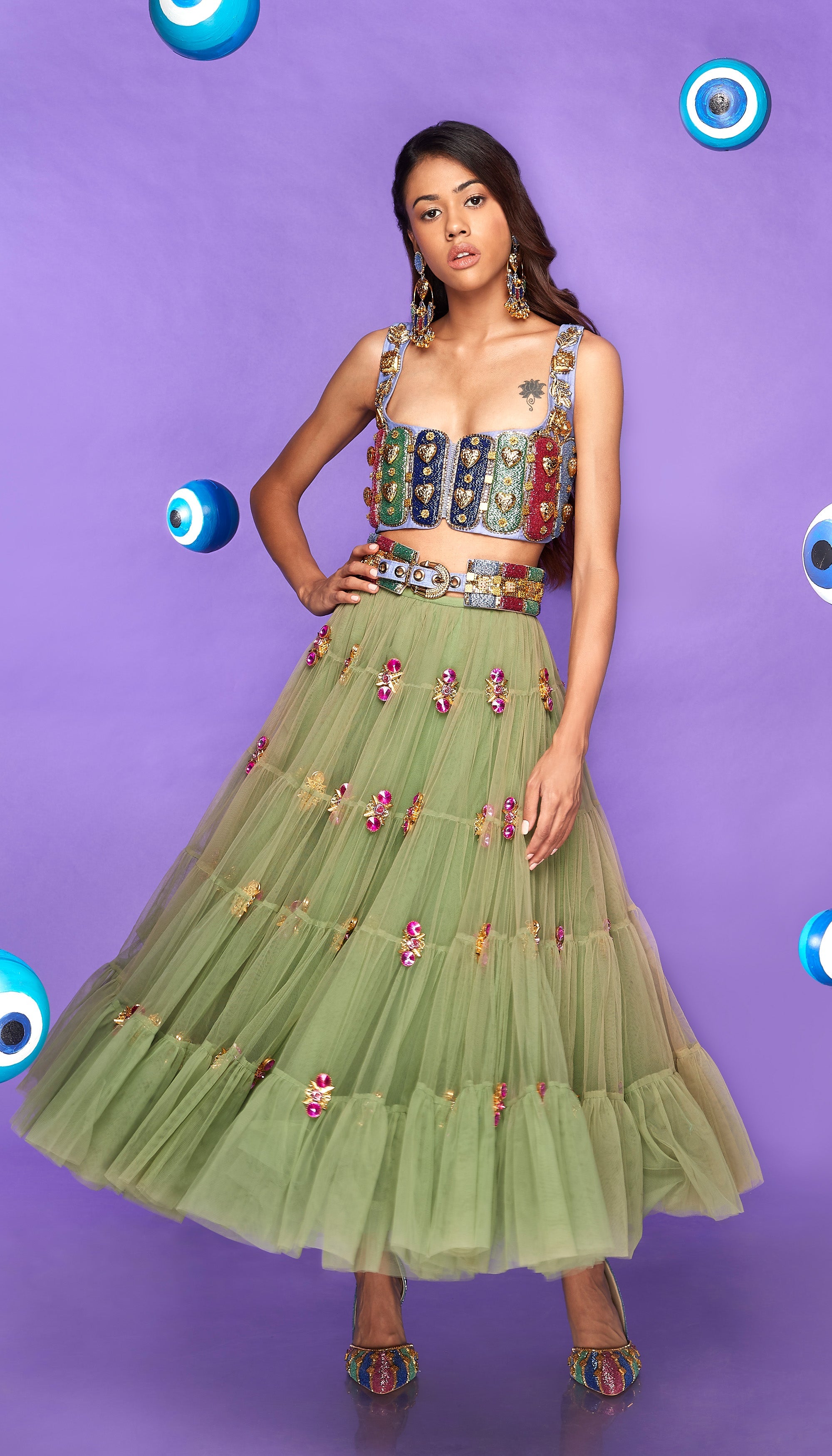 Not Your Babygirl - Tiered Moss Green Embellished Half Lehenga Set