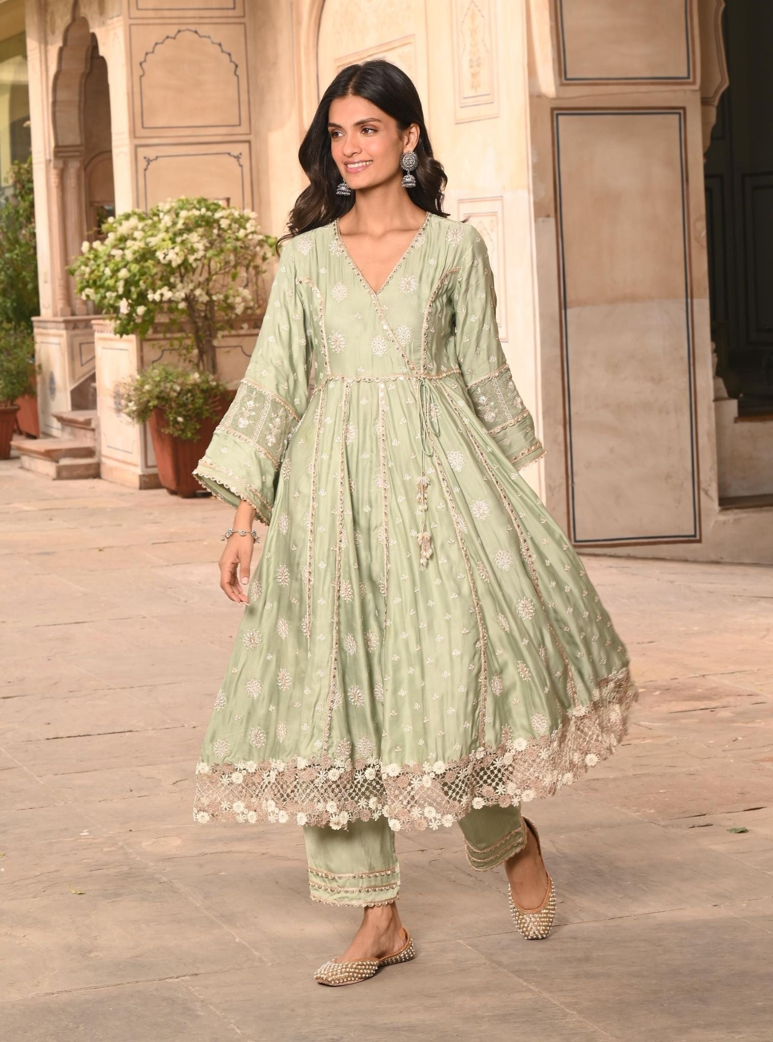 Mulmul Modal Satin Chaiyya Sage Green Anarkali Kurta With Mulmul Modal Satin Chaiyya Sage Green Pant