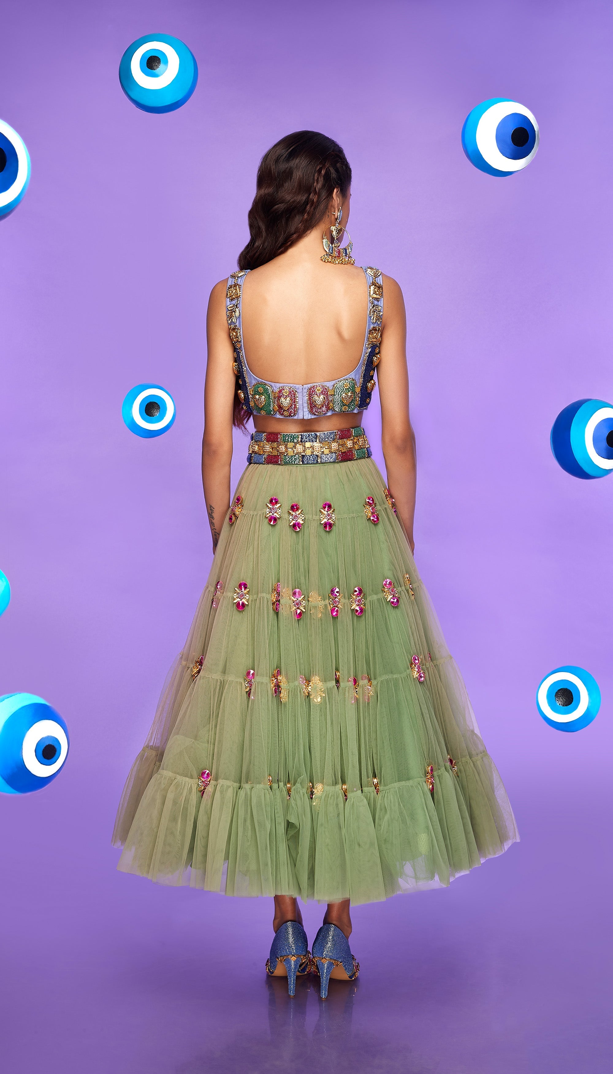 Not Your Babygirl - Tiered Moss Green Embellished Half Lehenga Set
