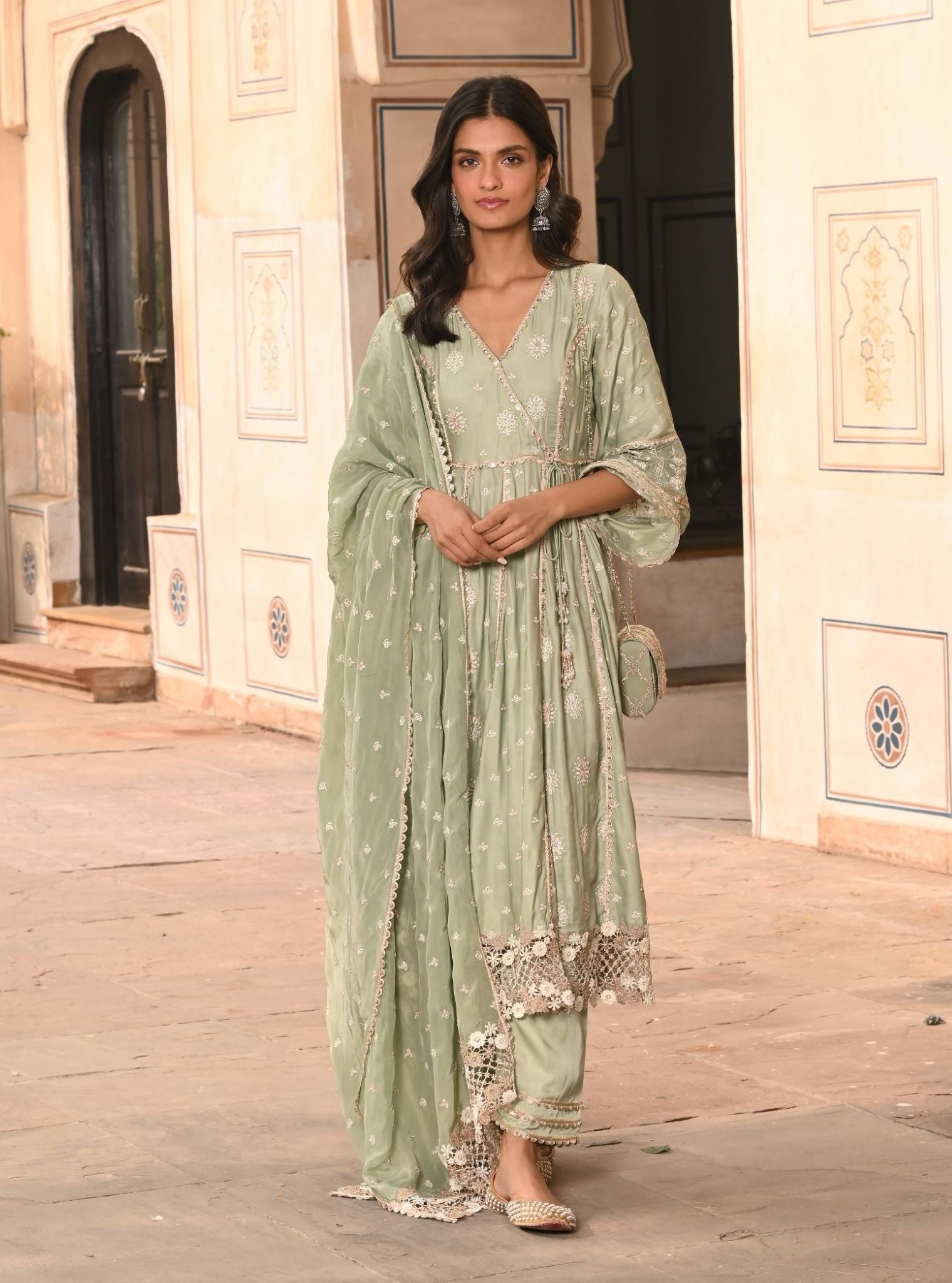 Mulmul Modal Satin Chaiyya Sage Green Anarkali Kurta With Mulmul Modal Satin Chaiyya Sage Green Pant