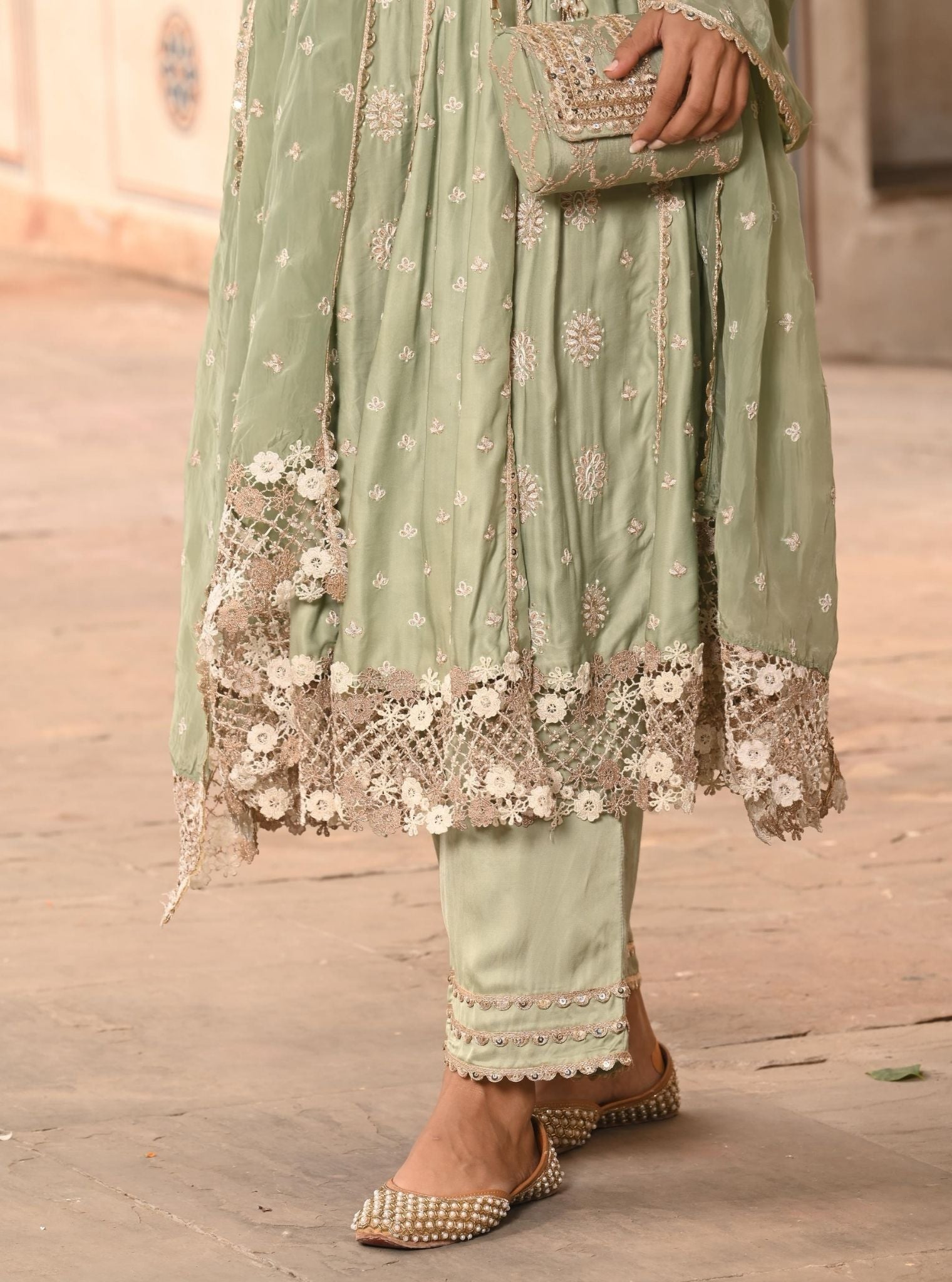 Mulmul Modal Satin Chaiyya Sage Green Anarkali Kurta With Mulmul Modal Satin Chaiyya Sage Green Pant