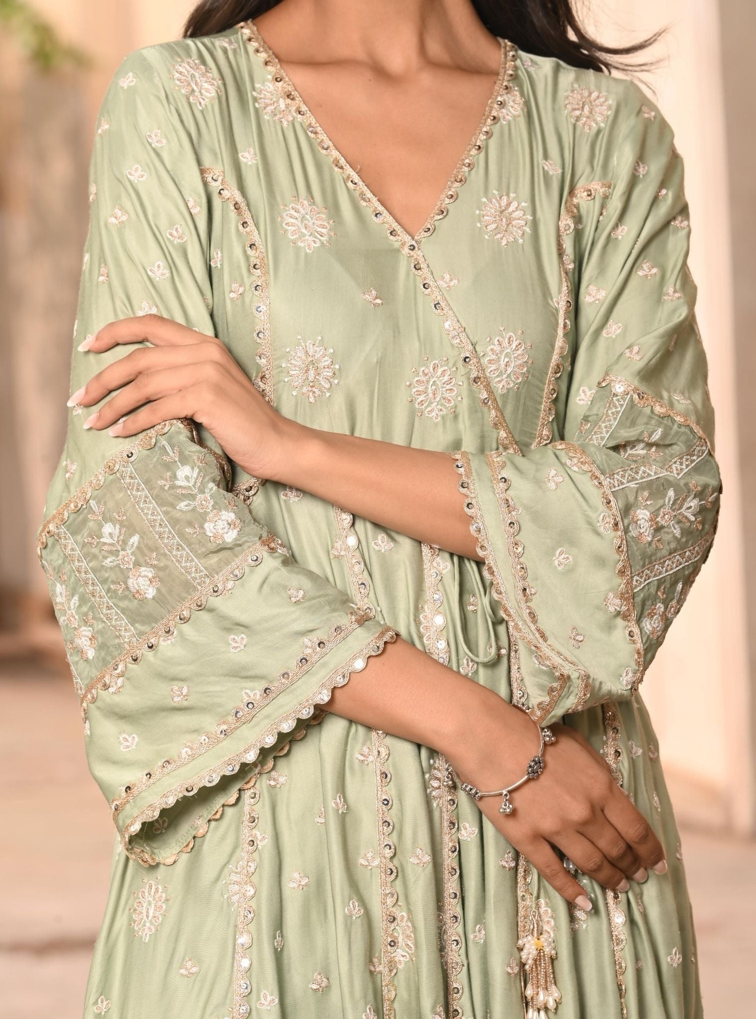 Mulmul Modal Satin Chaiyya Sage Green Anarkali Kurta With Mulmul Modal Satin Chaiyya Sage Green Pant