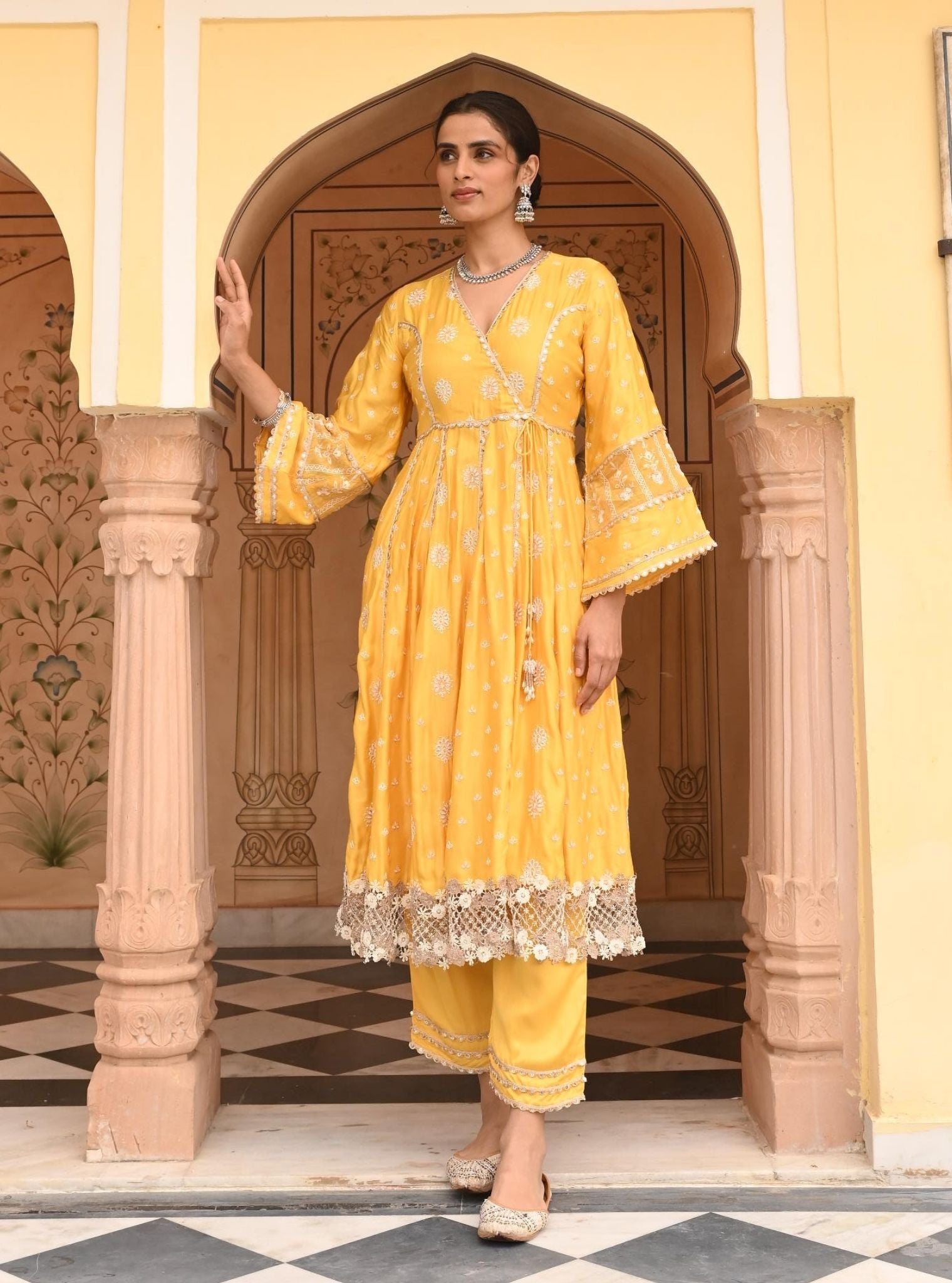 Mulmul Modal Satin Chaiyya Yellow Anarkali Kurta With Mulmul Modal Satin Chaiyya Yellow Pant