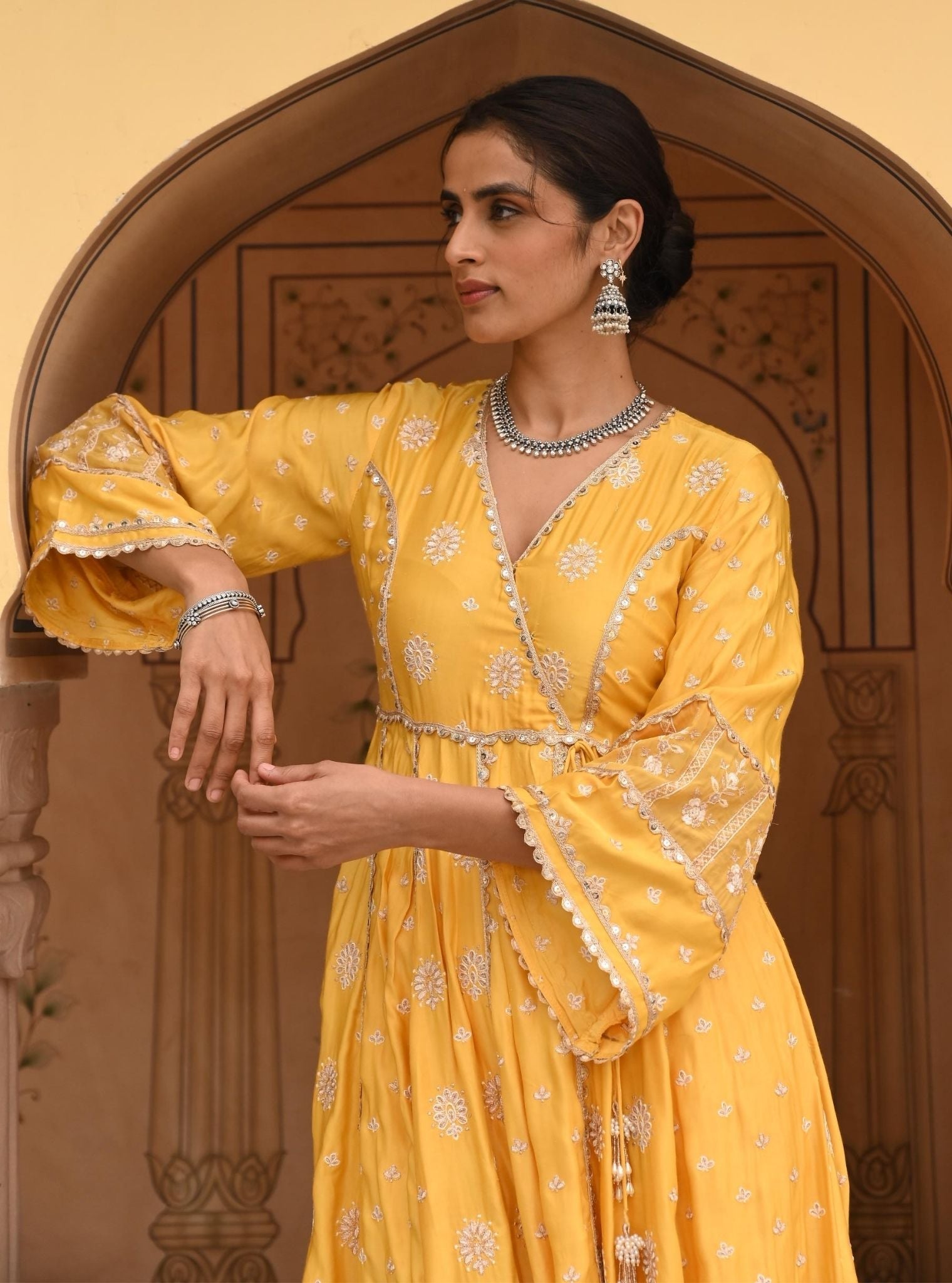 Mulmul Modal Satin Chaiyya Yellow Anarkali Kurta With Mulmul Modal Satin Chaiyya Yellow Pant