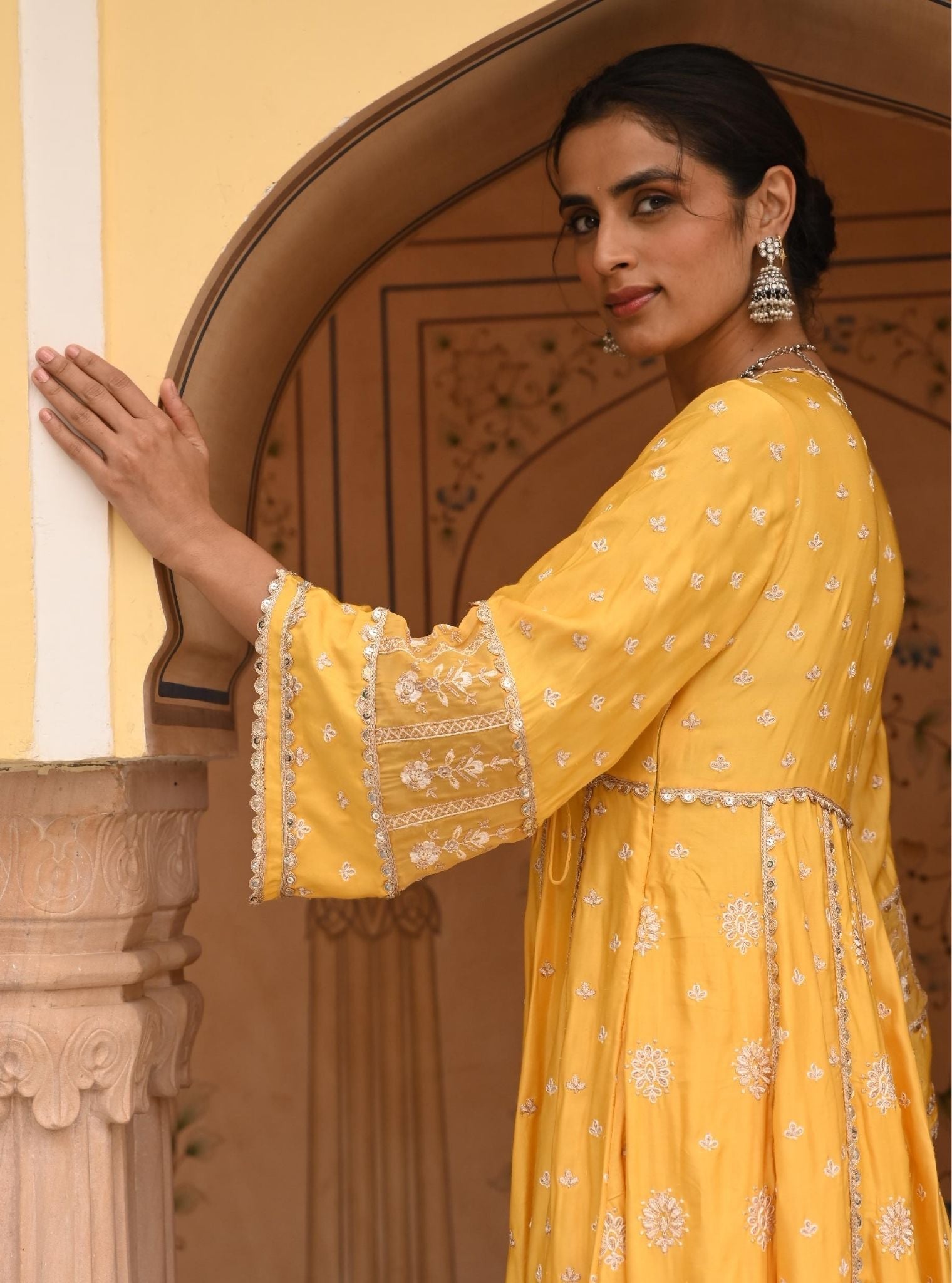 Mulmul Modal Satin Chaiyya Yellow Anarkali Kurta With Mulmul Modal Satin Chaiyya Yellow Pant
