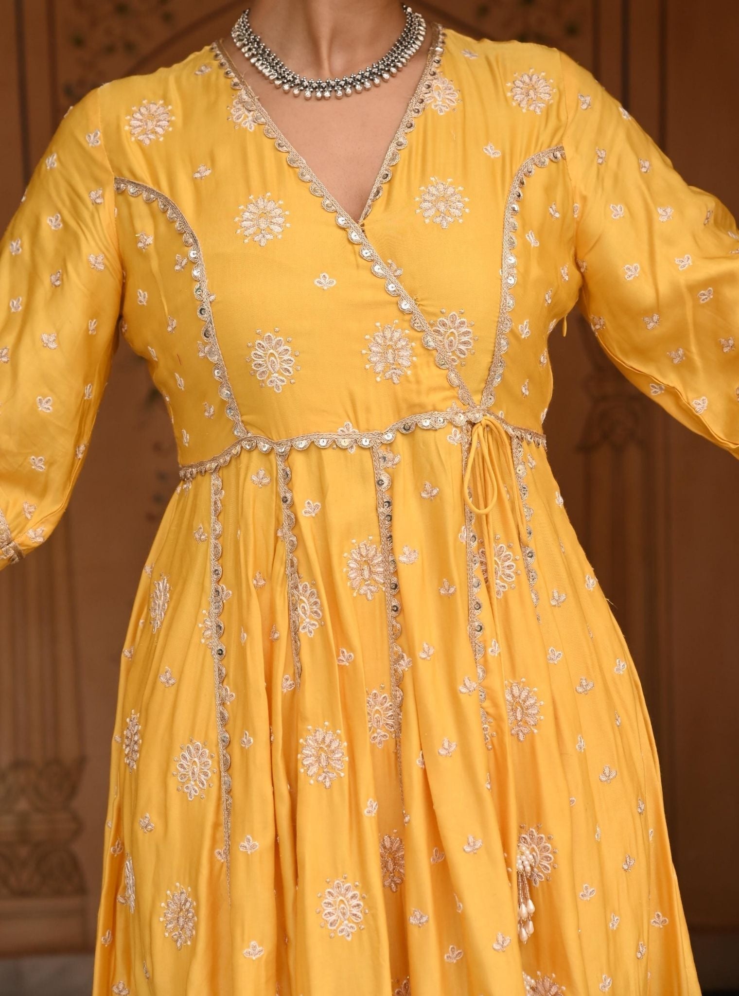 Mulmul Modal Satin Chaiyya Yellow Anarkali Kurta With Mulmul Modal Satin Chaiyya Yellow Pant