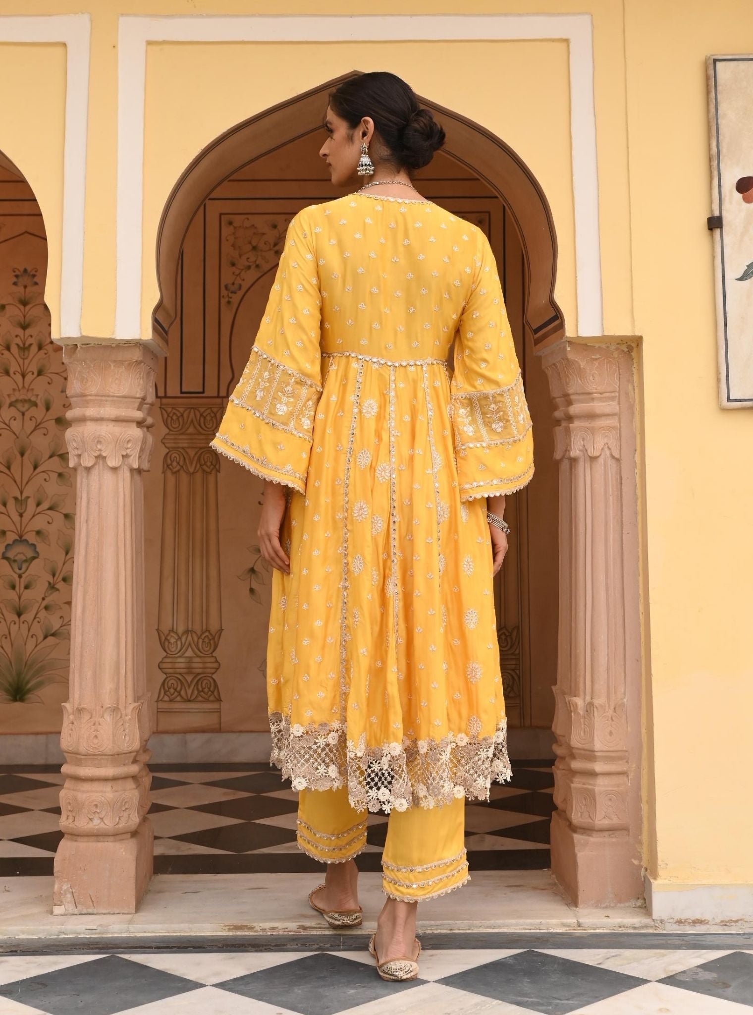 Mulmul Modal Satin Chaiyya Yellow Anarkali Kurta With Mulmul Modal Satin Chaiyya Yellow Pant