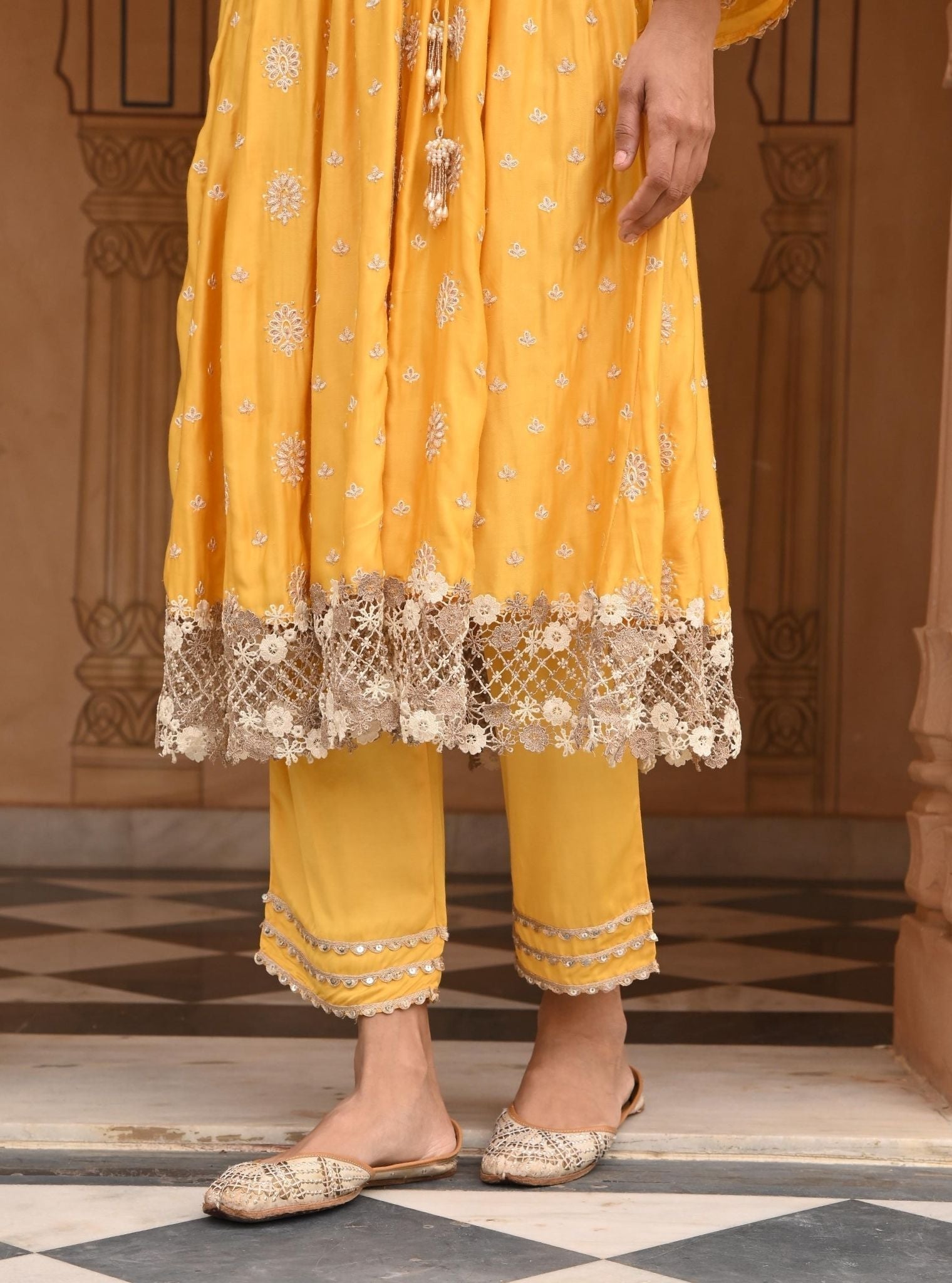 Mulmul Modal Satin Chaiyya Yellow Anarkali Kurta With Mulmul Modal Satin Chaiyya Yellow Pant