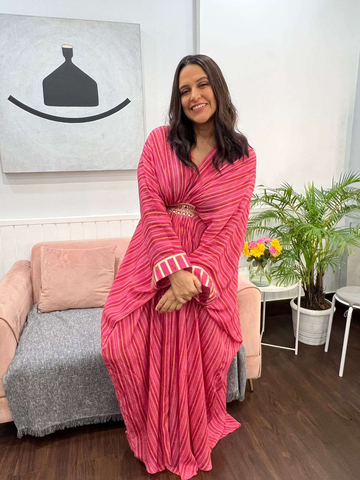 Neha Dhupia In Marigold Buti Kaftan Dress