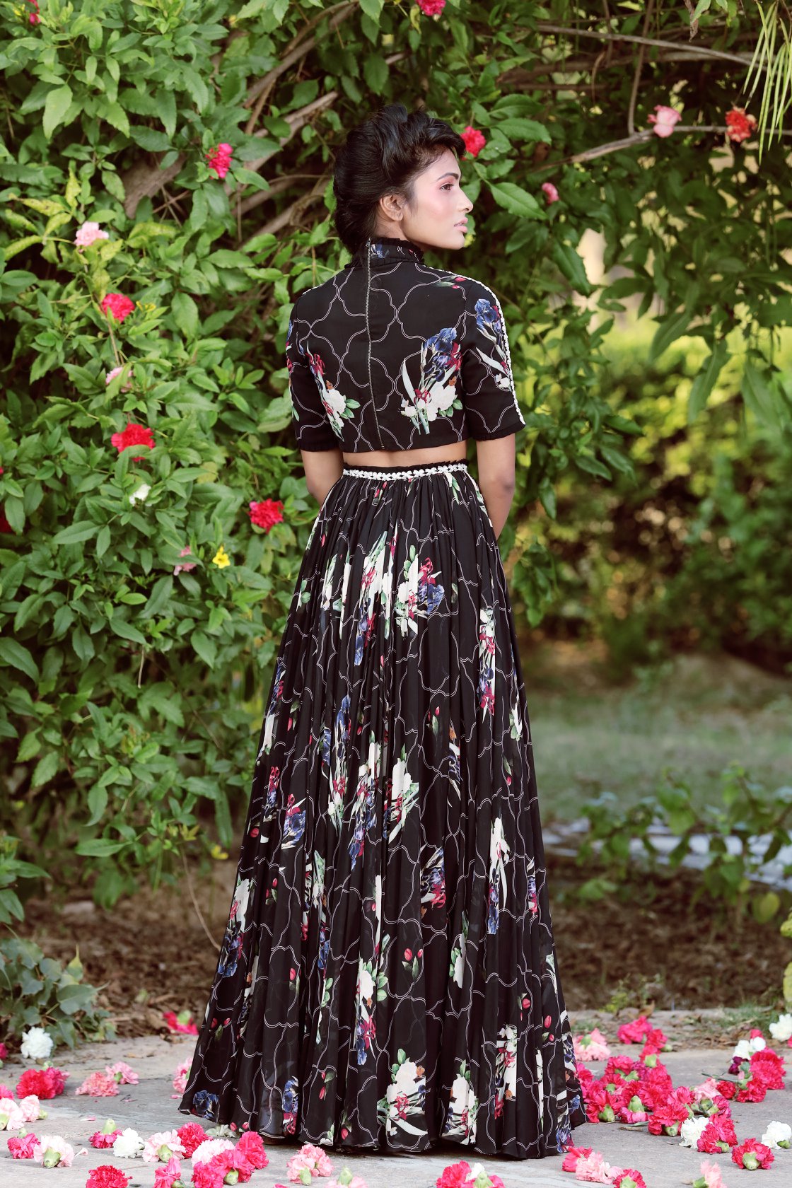 Black Crop Top, Printed Skirt Set