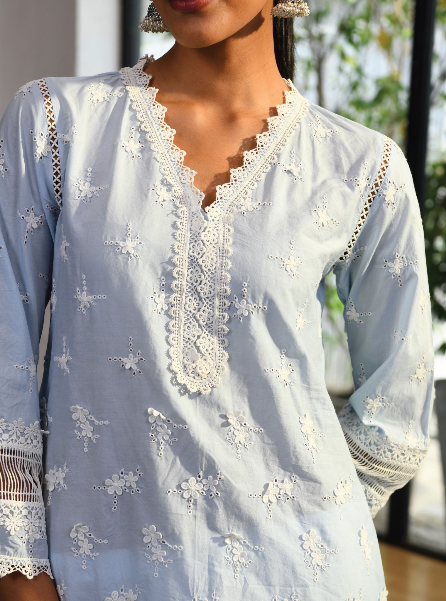Mulmul Cotton Salisbury Blue Kurta With Multi Lace Slim White Pant