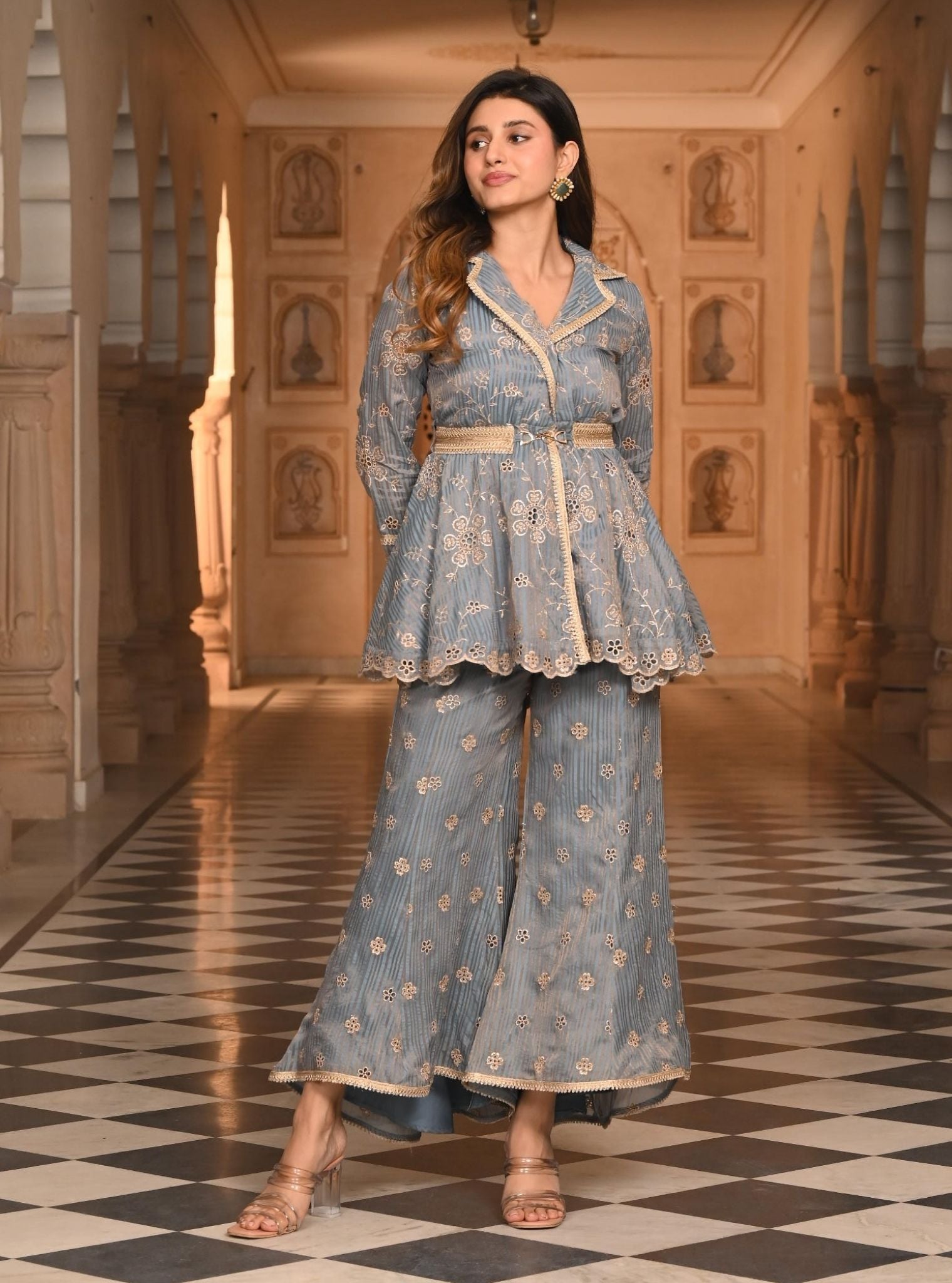 Mulmul Banarsi Chashni Blue Top With Mulmul Banarsi Chashni Blue Pant