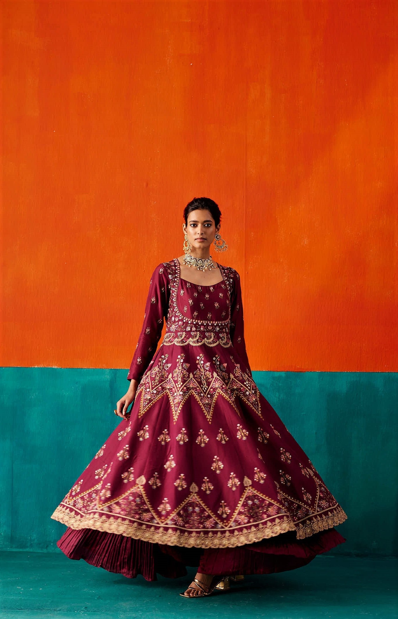 Wine Anarkali Set