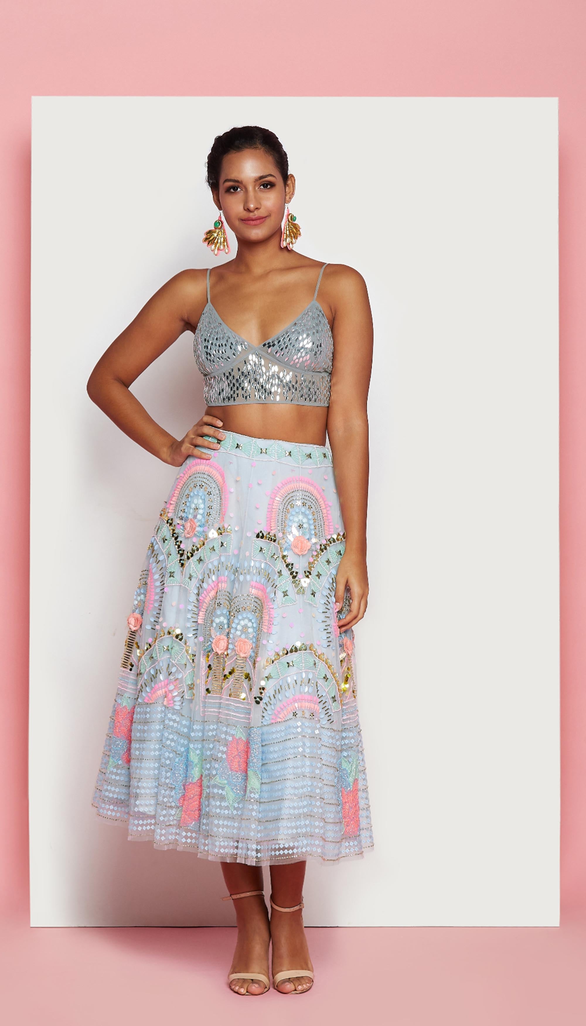 Anna - Powder Blue Embellished Half Lehenga Set