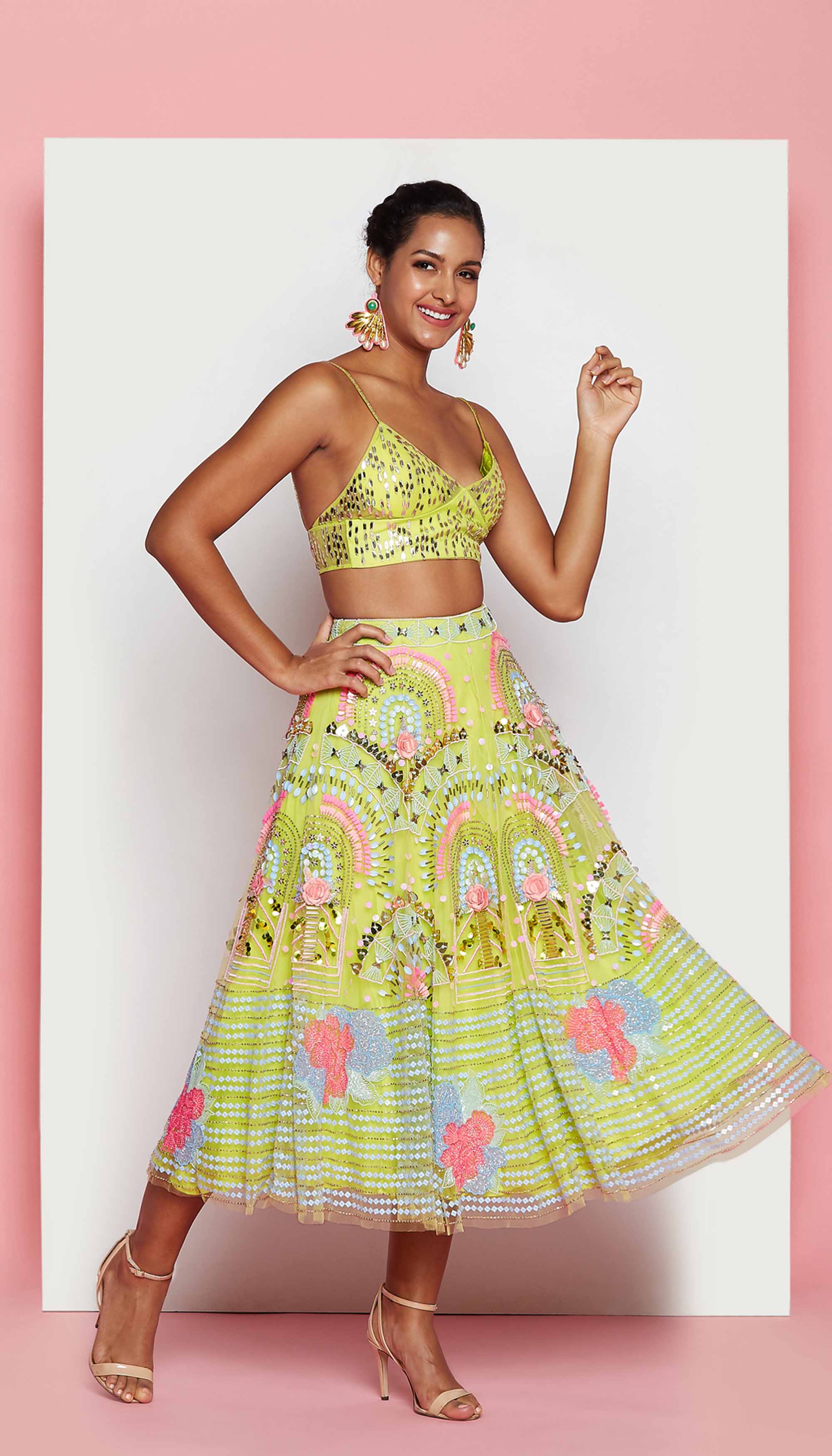 Anna - Lime Embellished Half Lehenga Set