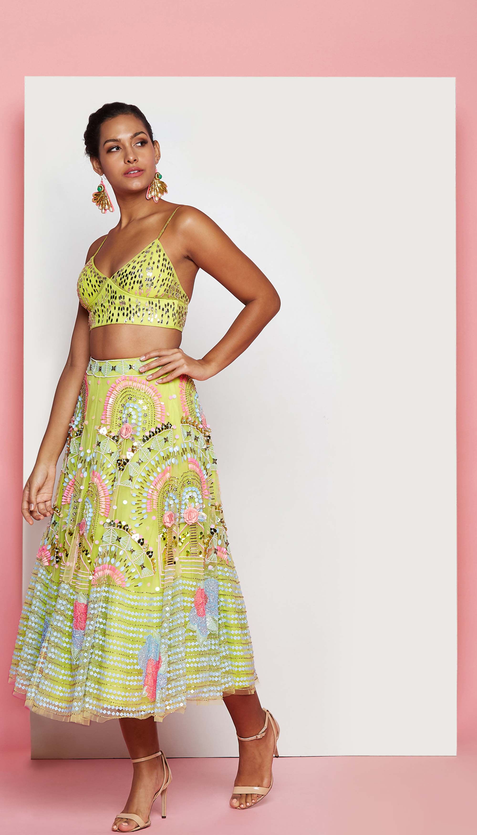 Anna - Lime Embellished Half Lehenga Set