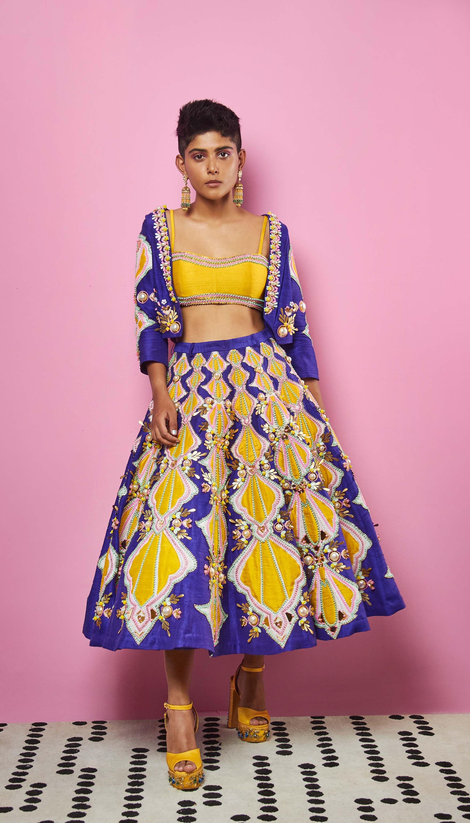 Carrousel - Violet And Yellow Embellished Half Lehenga Set