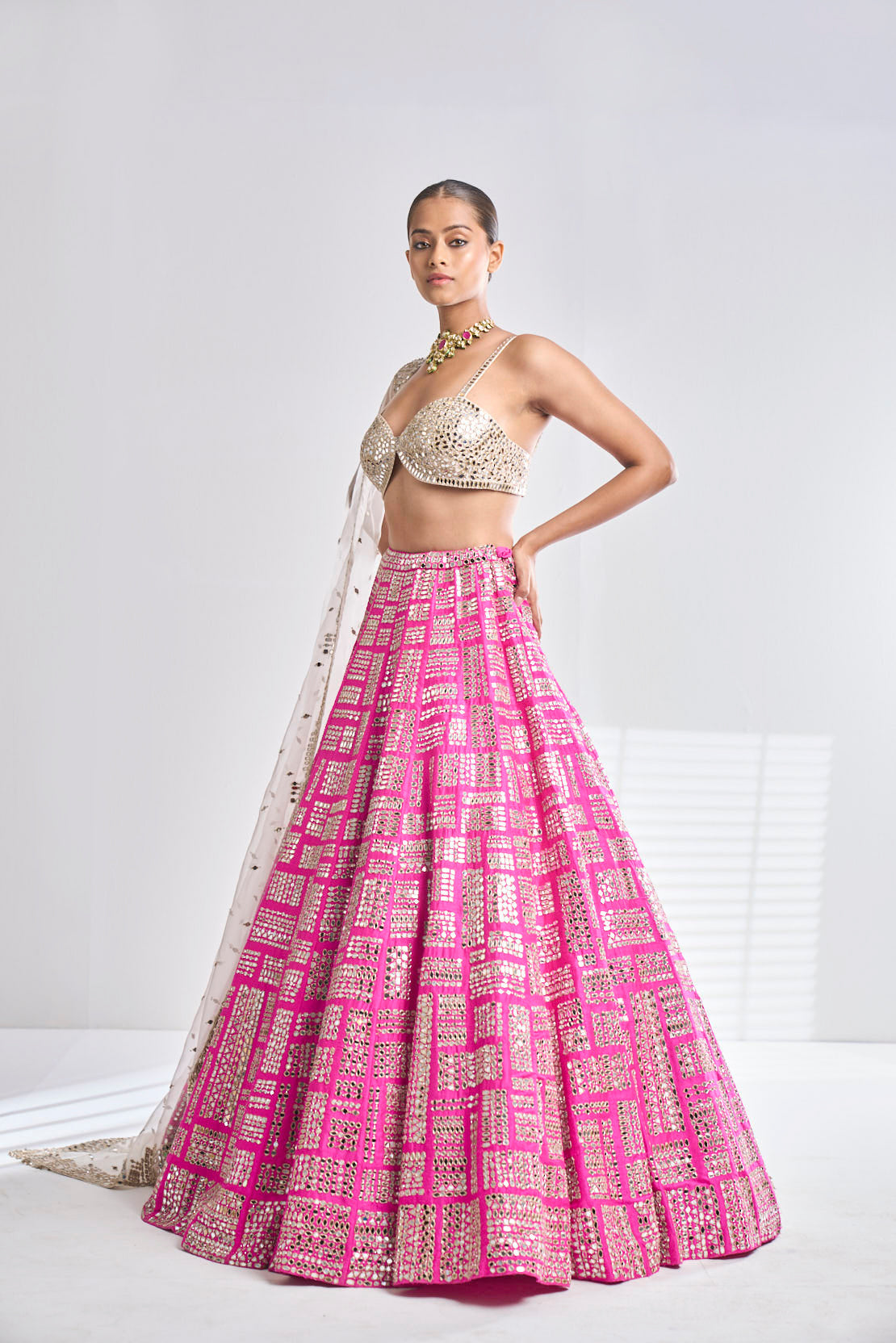 Fuchsia Mirror Work Lehenga Set