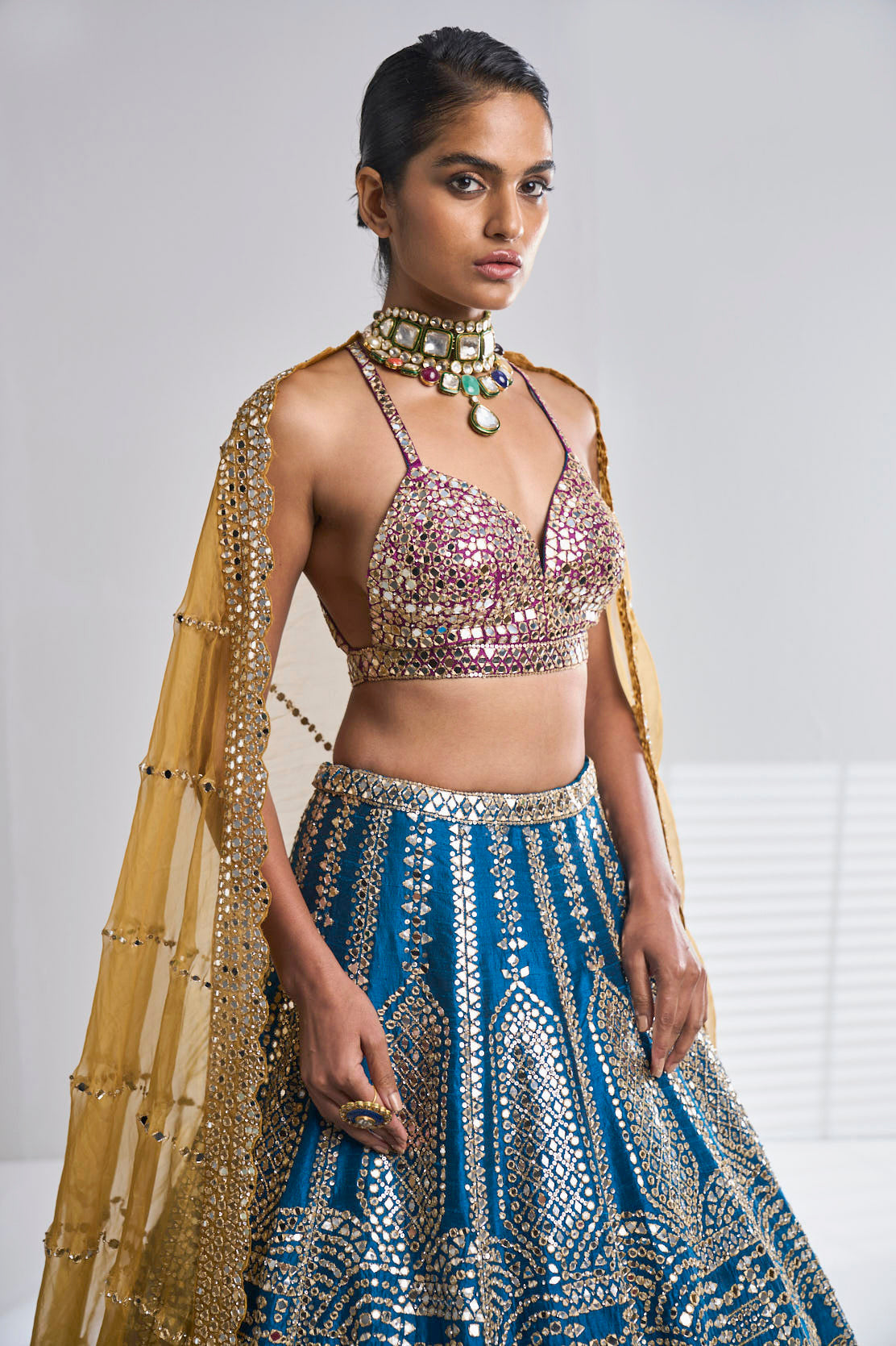 Three-Coloured Mirror Work Lehenga Set