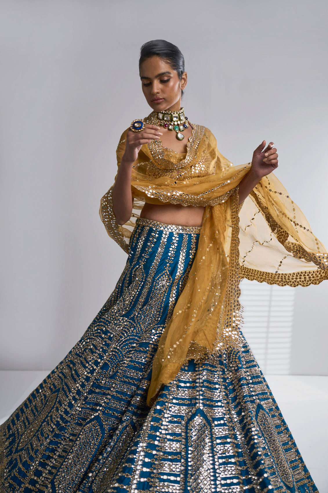 Three-Coloured Mirror Work Lehenga Set