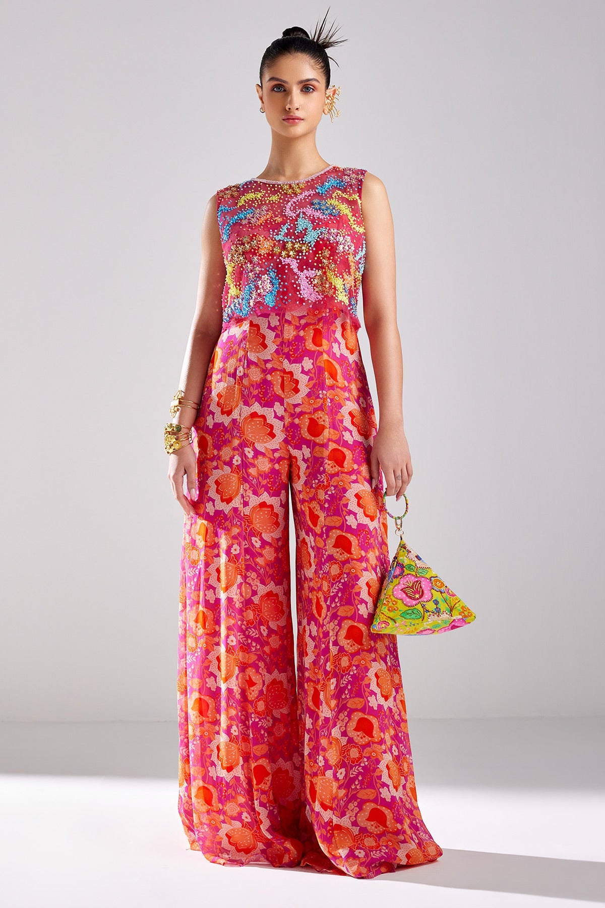 Fuschia Pink Print & Embroidered Jumpsuit Set