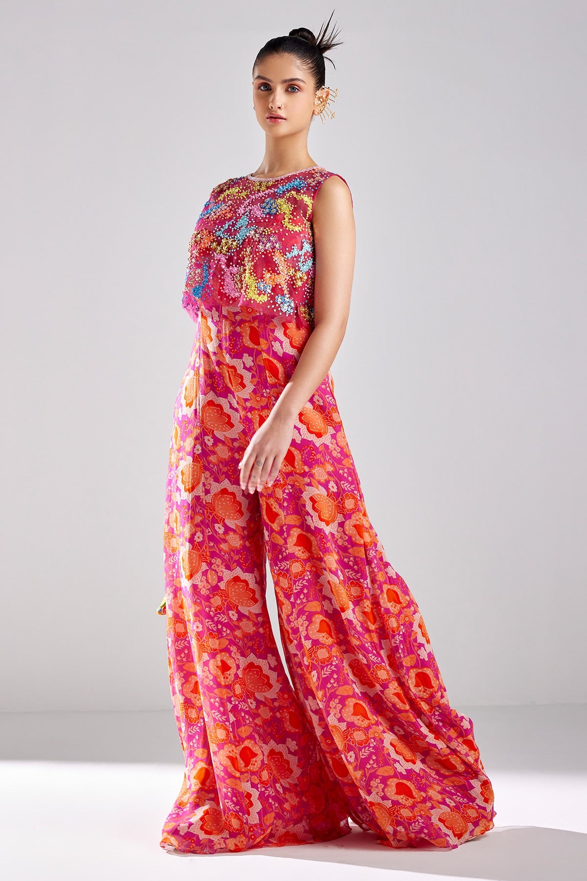 Fuschia Pink Print & Embroidered Jumpsuit Set