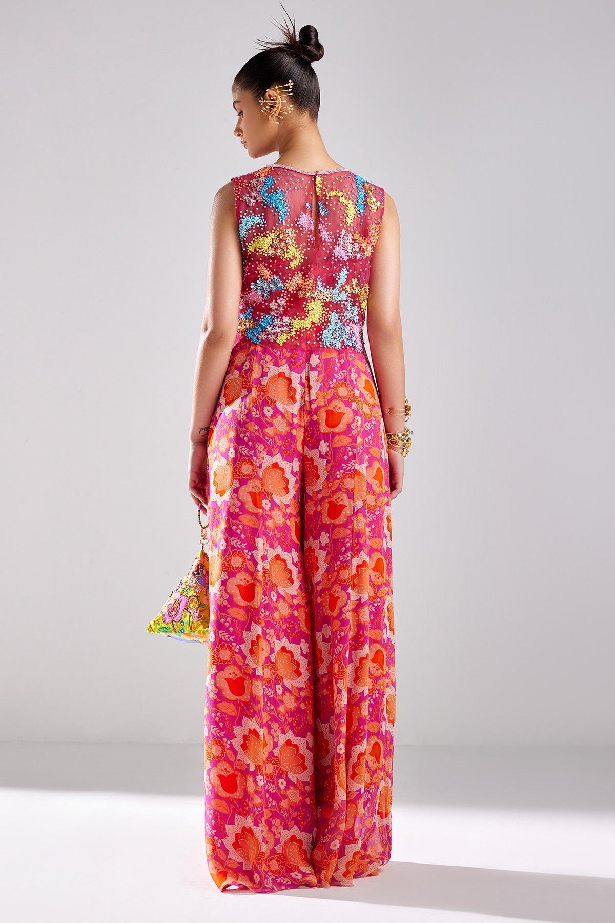 Fuschia Pink Print & Embroidered Jumpsuit Set