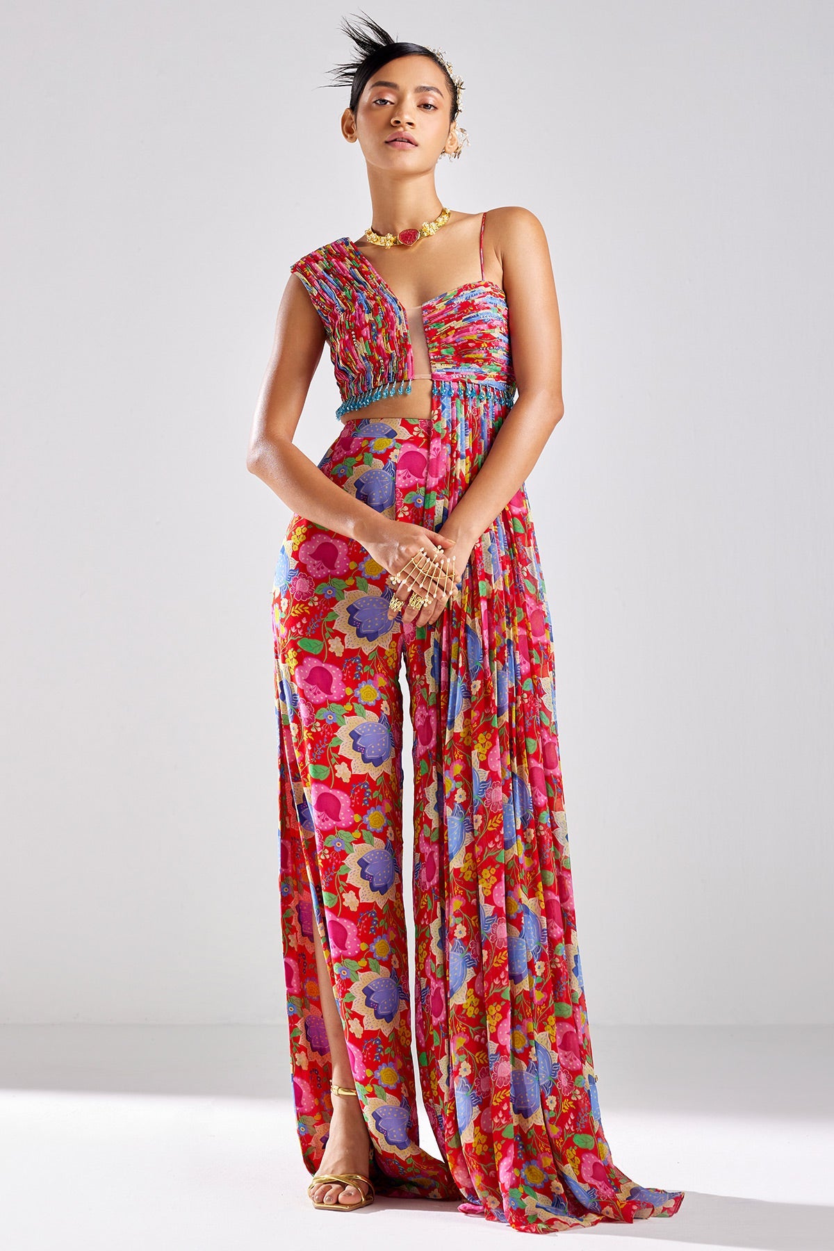 Red Print & Embroidered Crop Top Pants Set