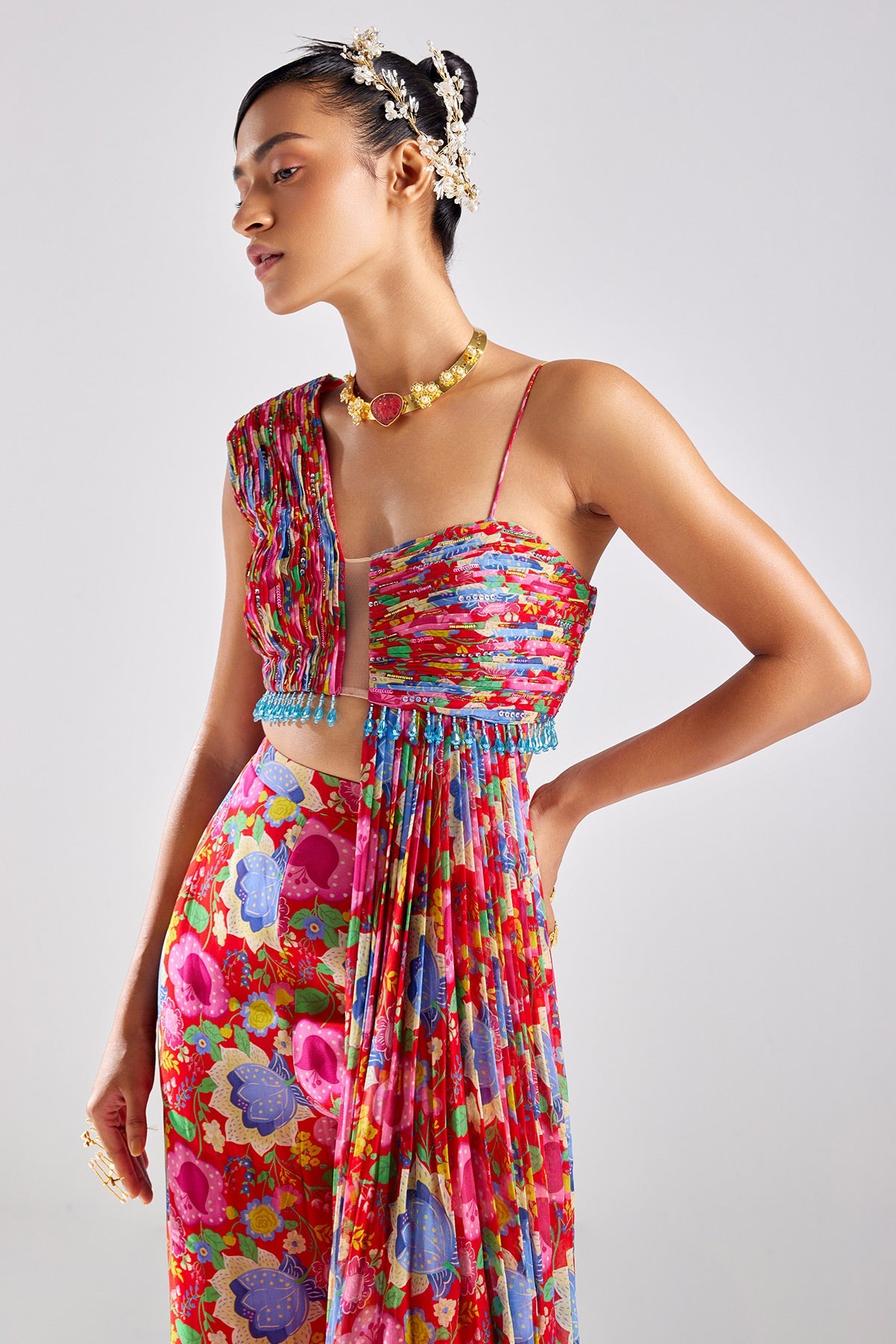 Red Print & Embroidered Crop Top Pants Set