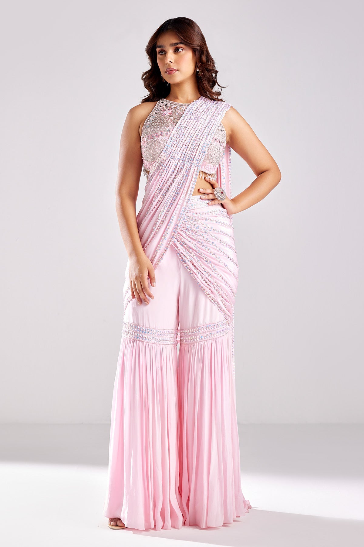 Blush Pink Embroidered Saree Set