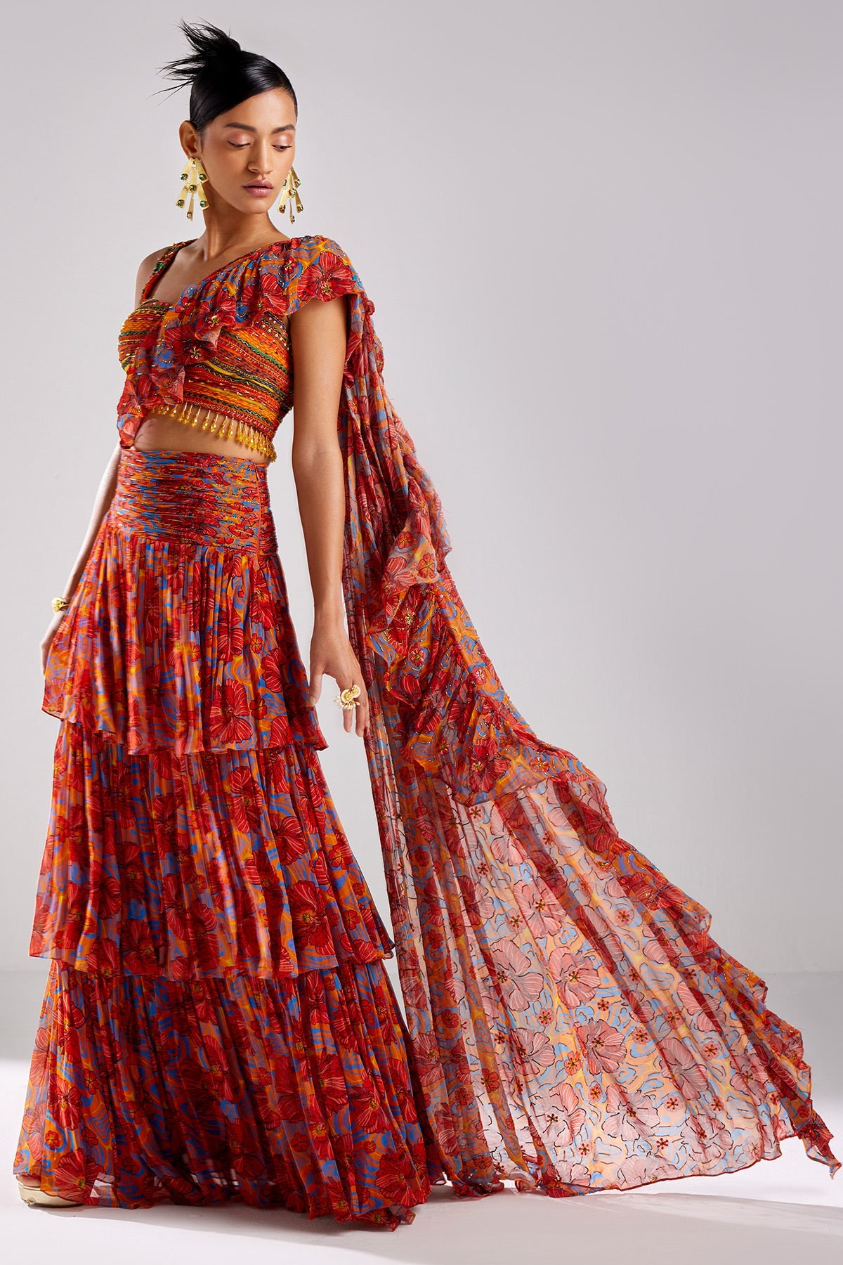 Rust Print & Embroidered Saree Set