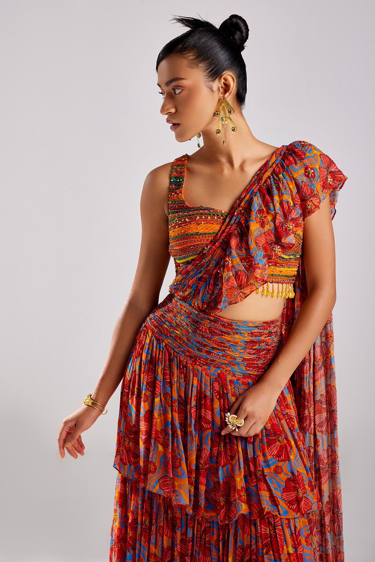 Rust Print & Embroidered Saree Set