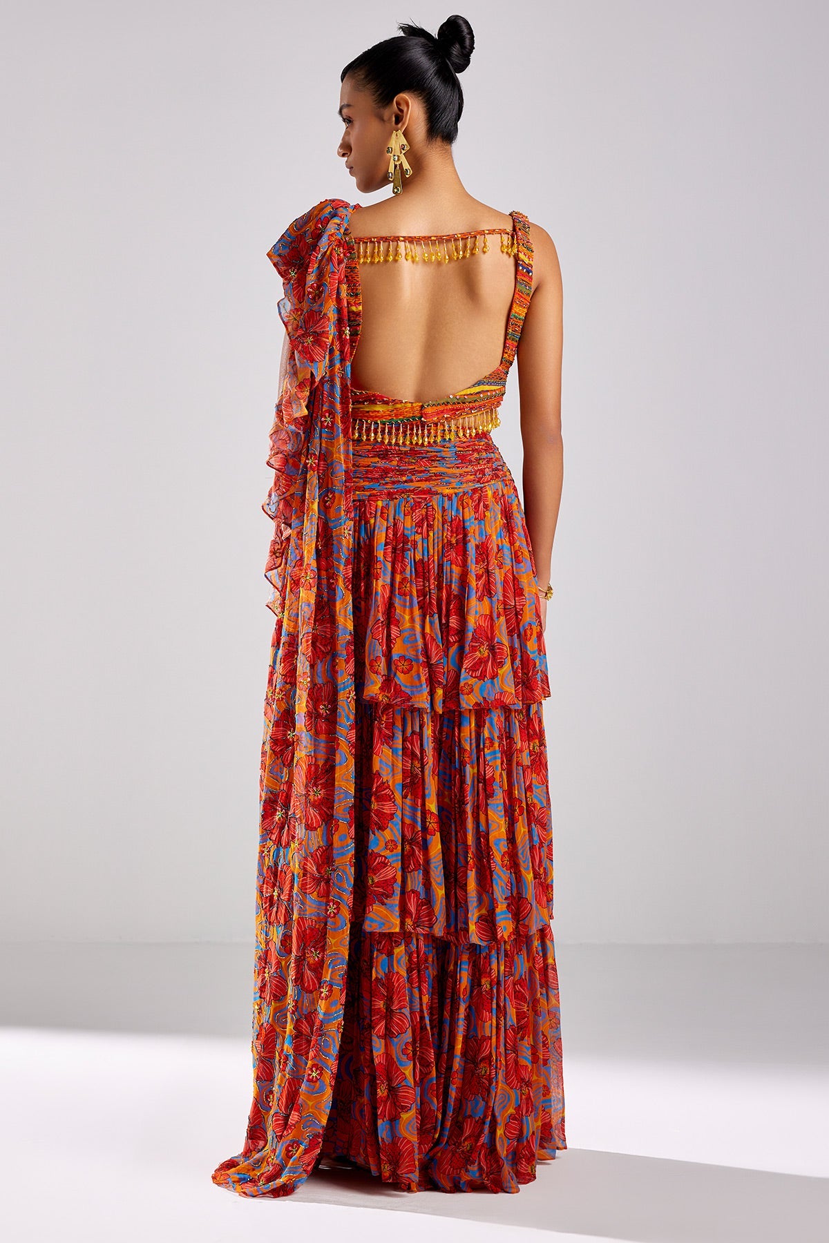 Rust Print & Embroidered Saree Set