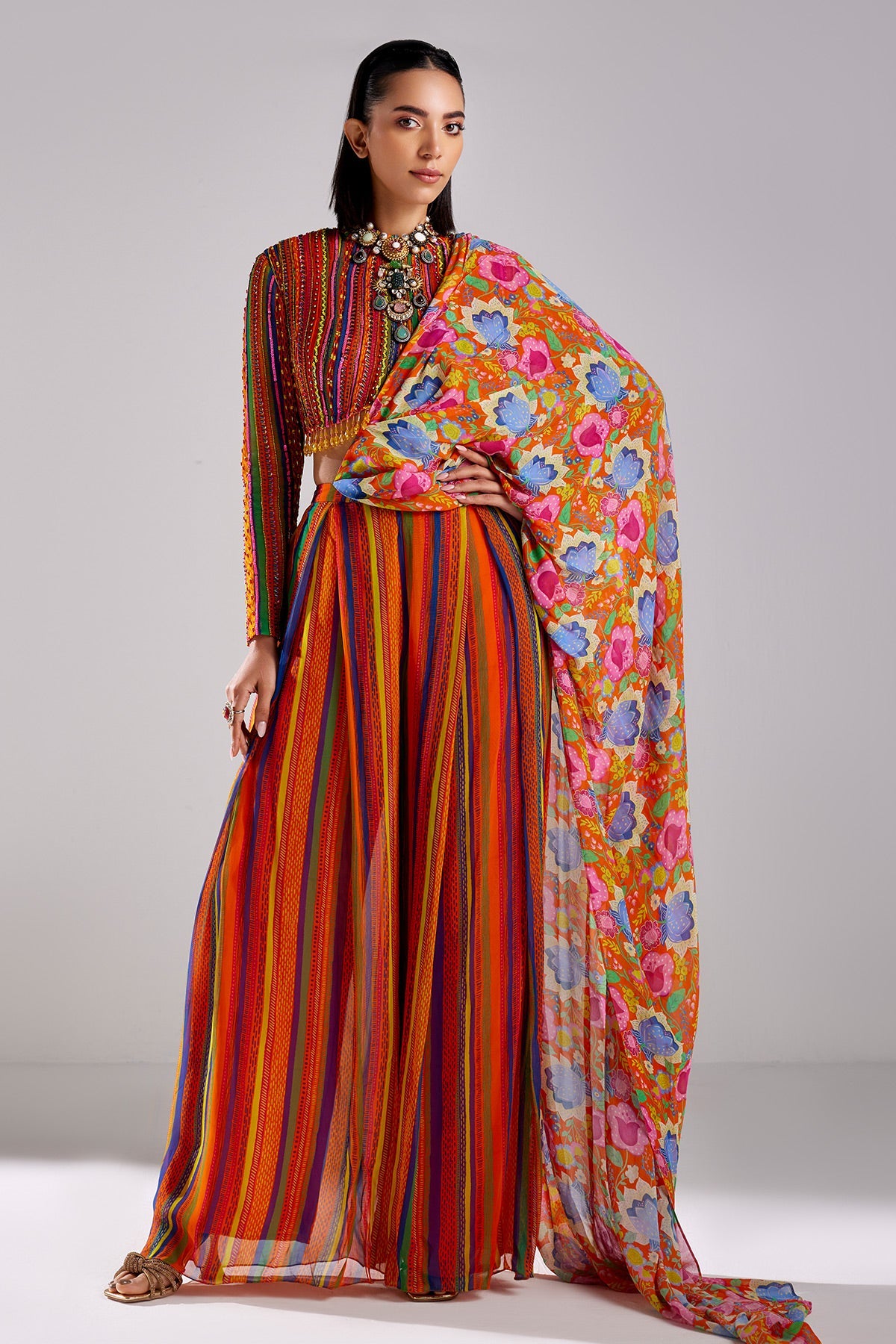 Rust Print & Embroidered Saree Set