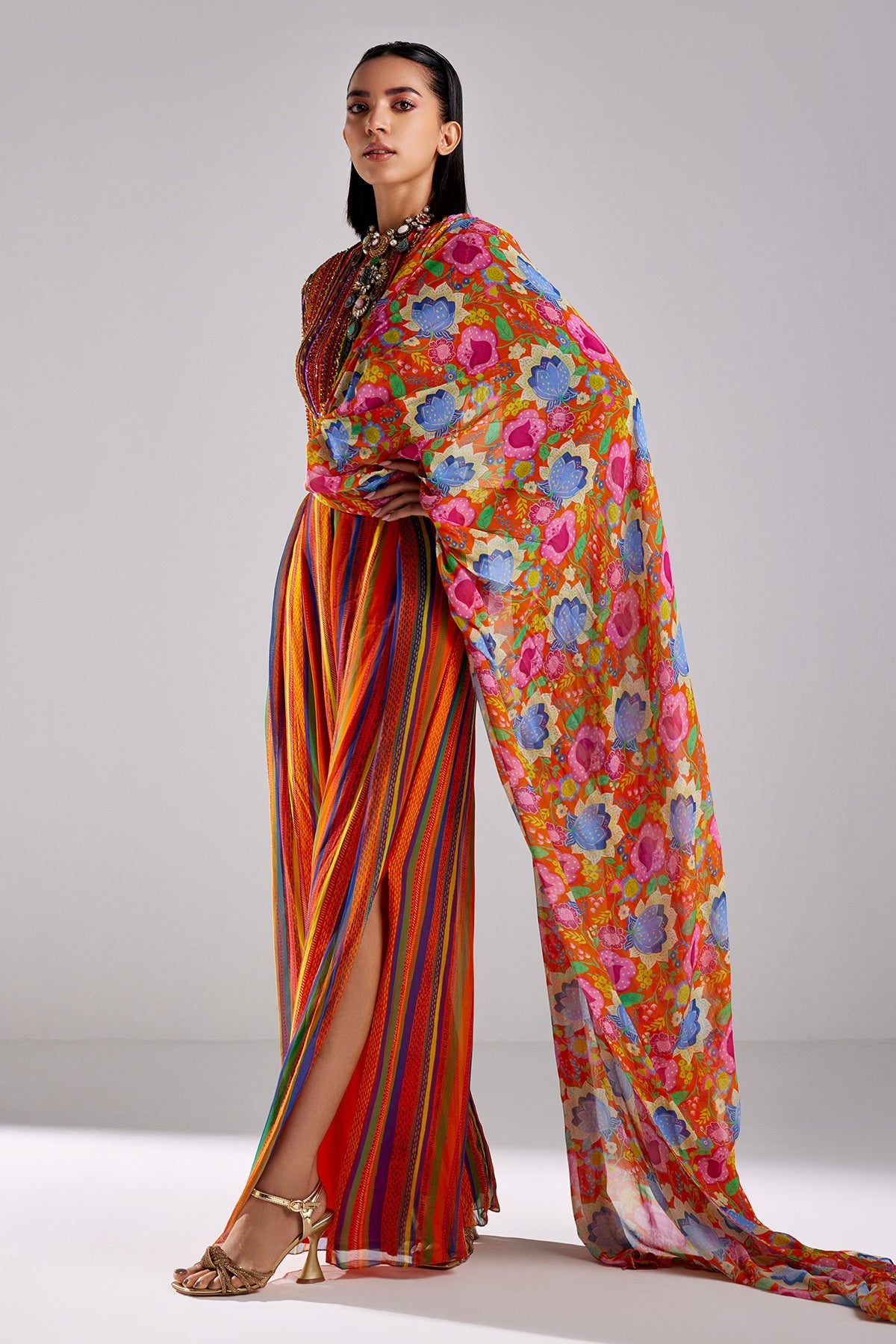 Rust Print & Embroidered Saree Set