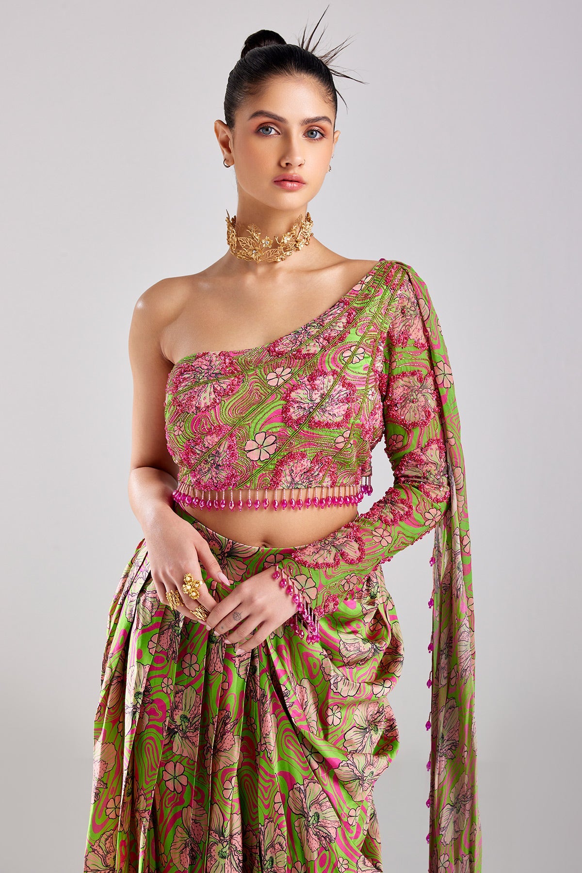 Neon Green Print & Emroidered Crop-Top Skirt Set