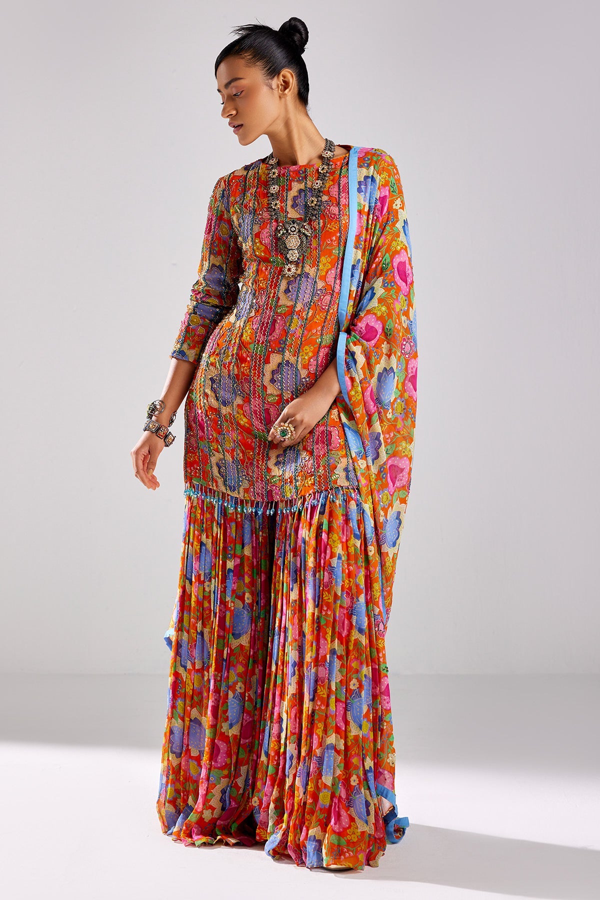 Rust Print & Embroidered Kurti Set