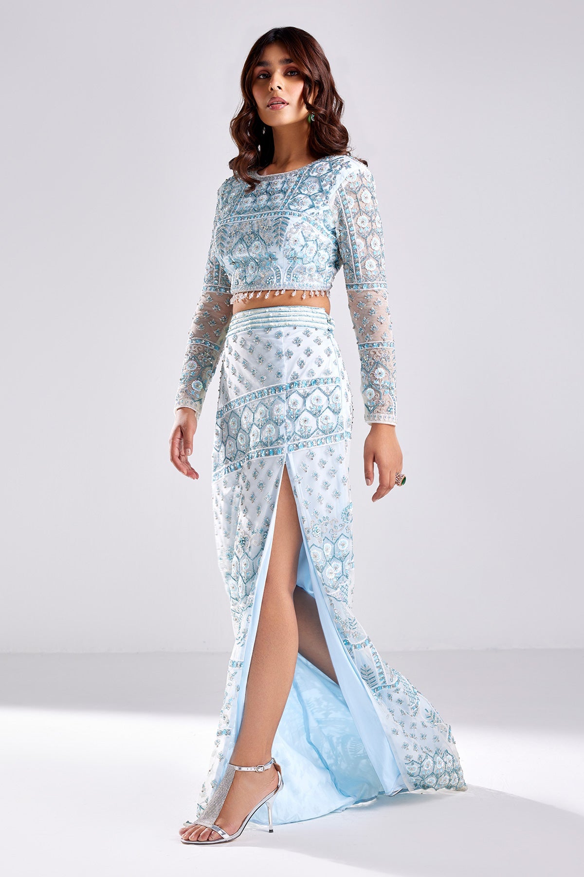 Powder Blue Embroidered Crop Top And Skirt Set